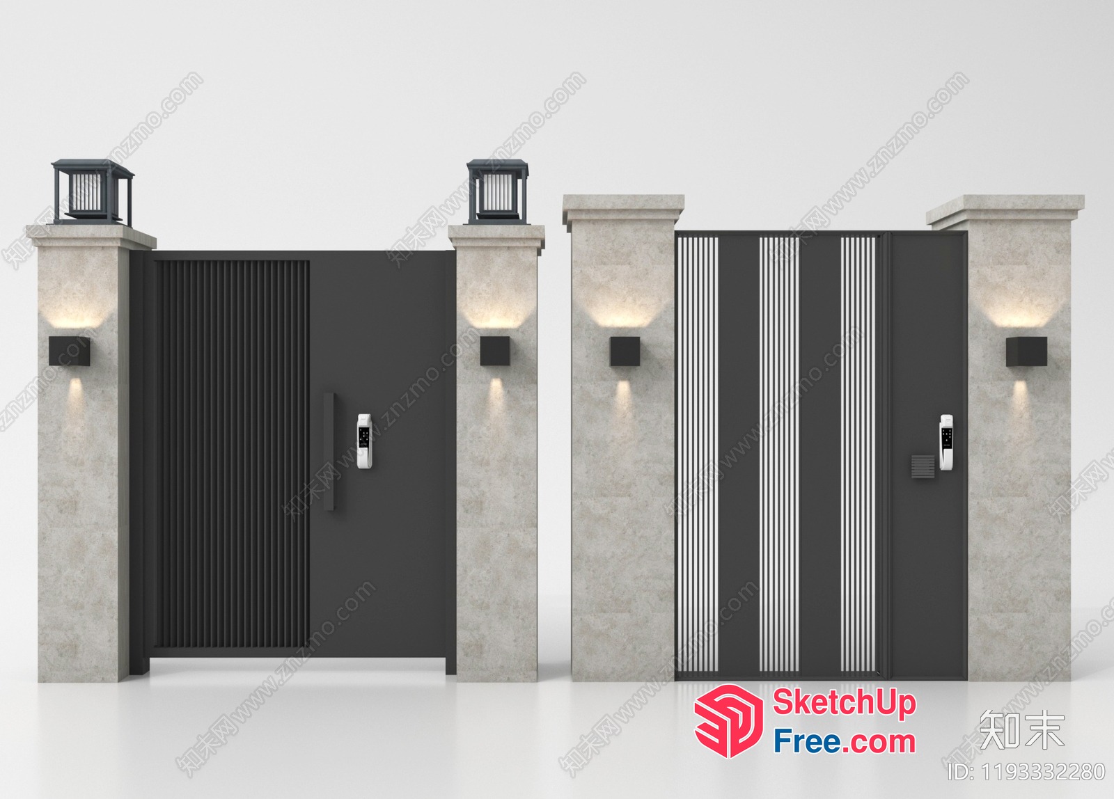 Modern Entrance Gate With Pillars And Lighting 3D SketchUp File