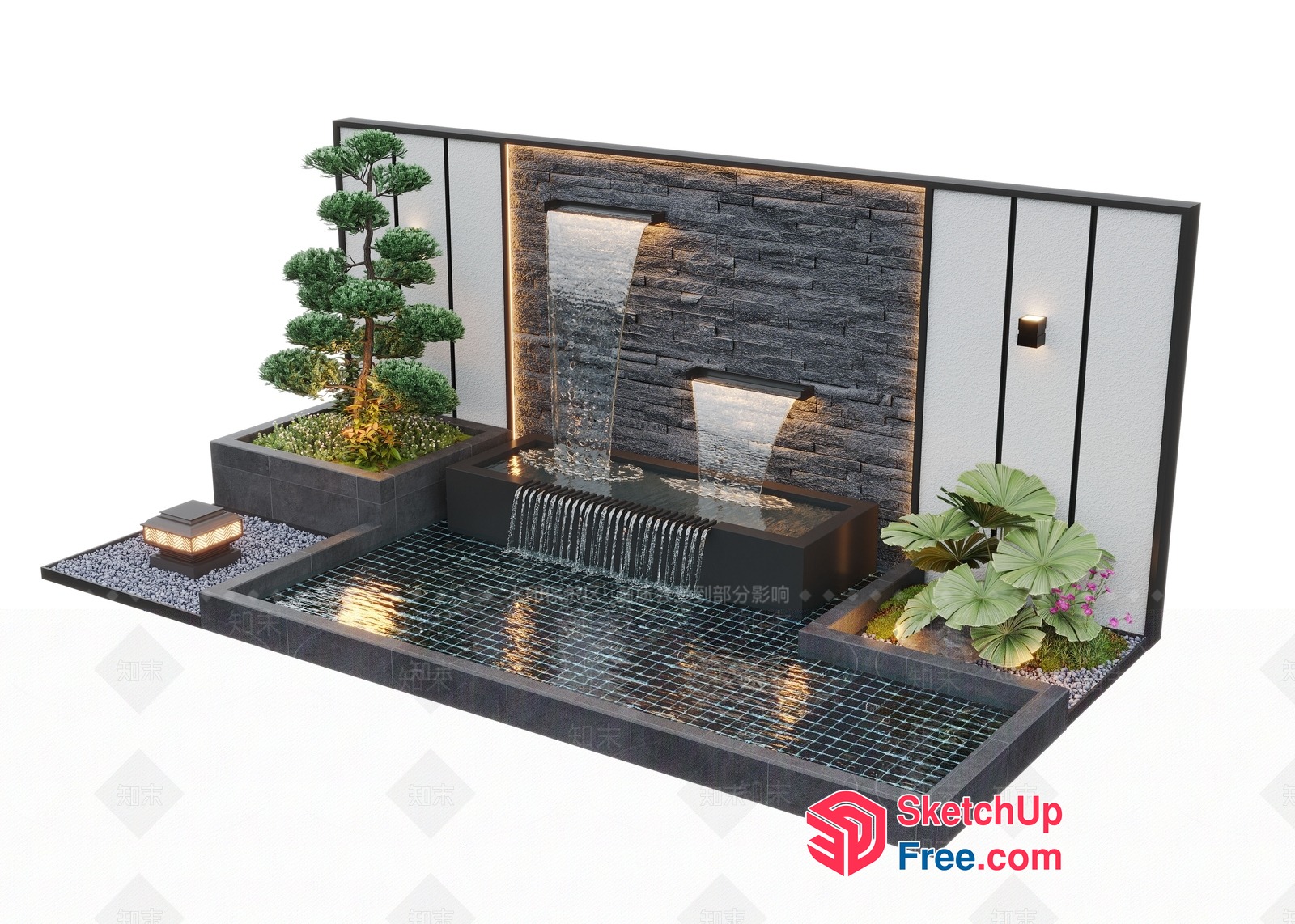 Modern Waterfall Feature With Potted Plants And Lighting 3D SketchUp File
