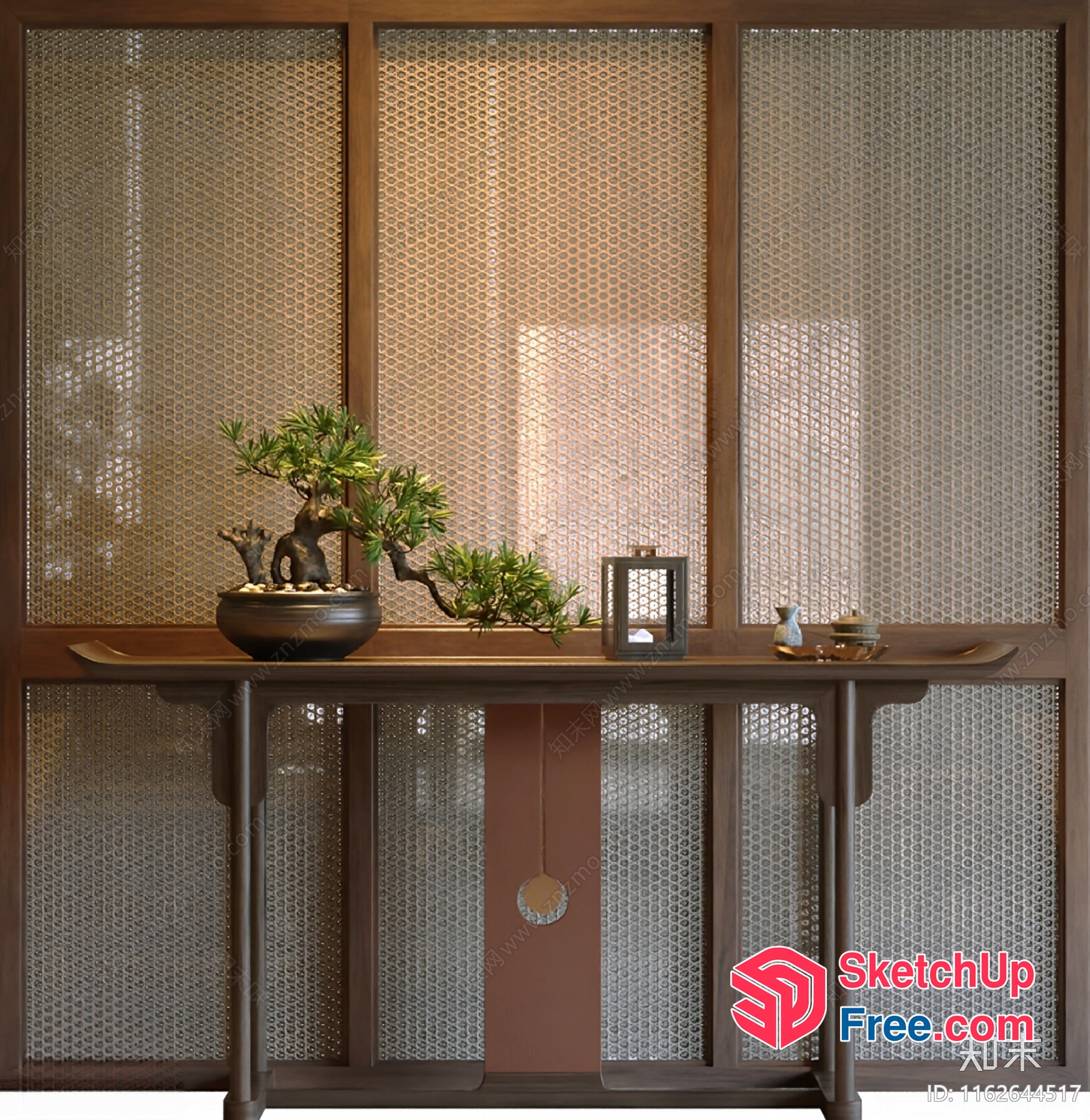 Elegant Japanese-Style Console Table With Potted Plant And Decorative Items 3D SketchUp File