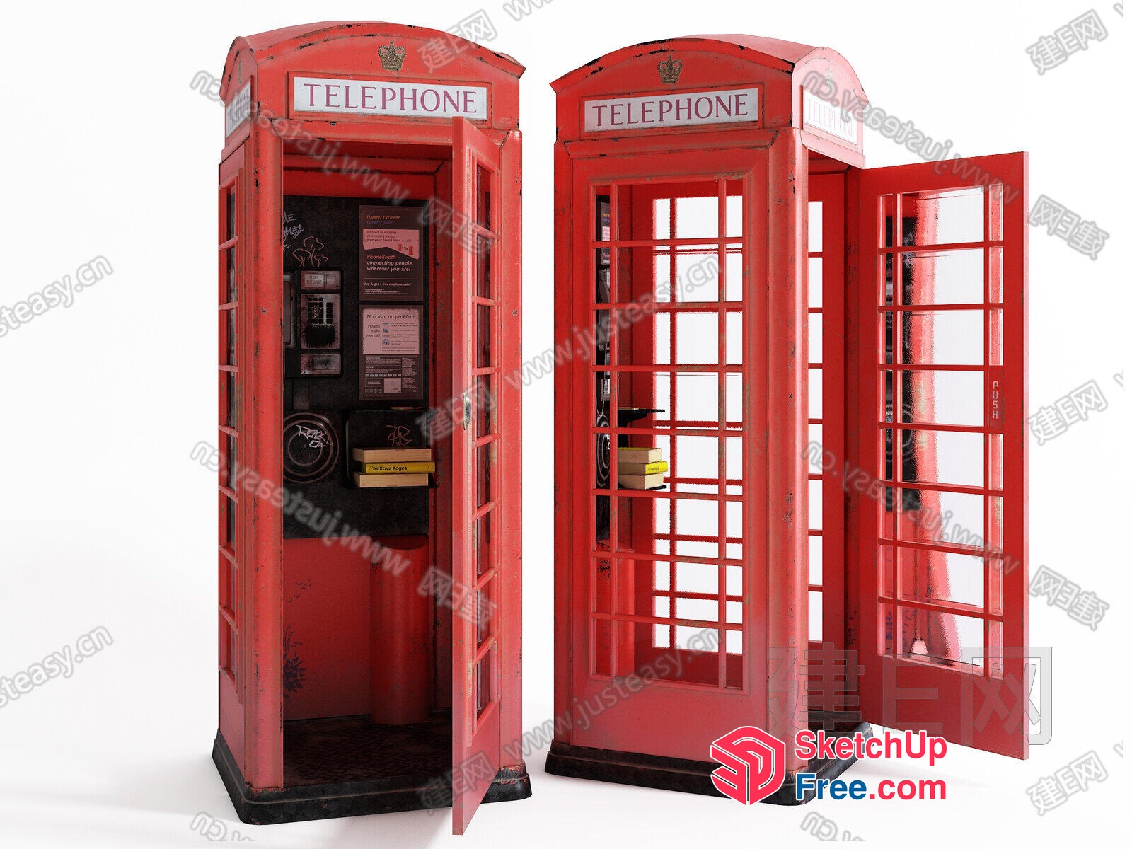 Red Telephone Booths With Interior Decor 3D SketchUp File