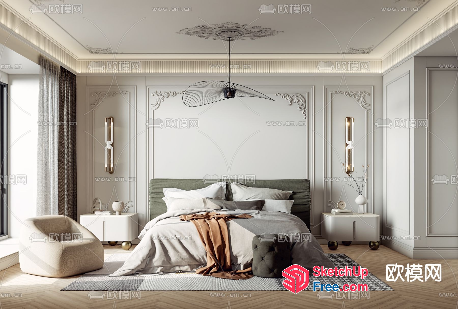 Elegant Bedroom With White Walls And Ornate Ceiling 3D SketchUp File