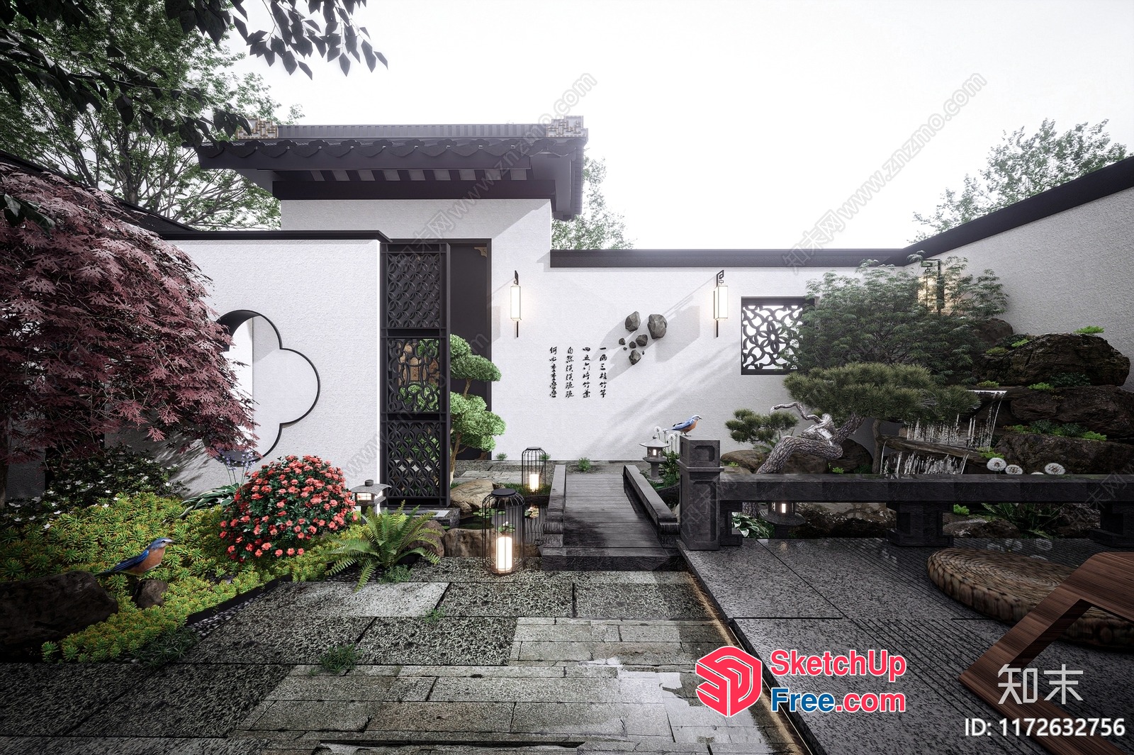 Asian-Inspired Garden Oasis With Traditional Architecture 3D SketchUp File