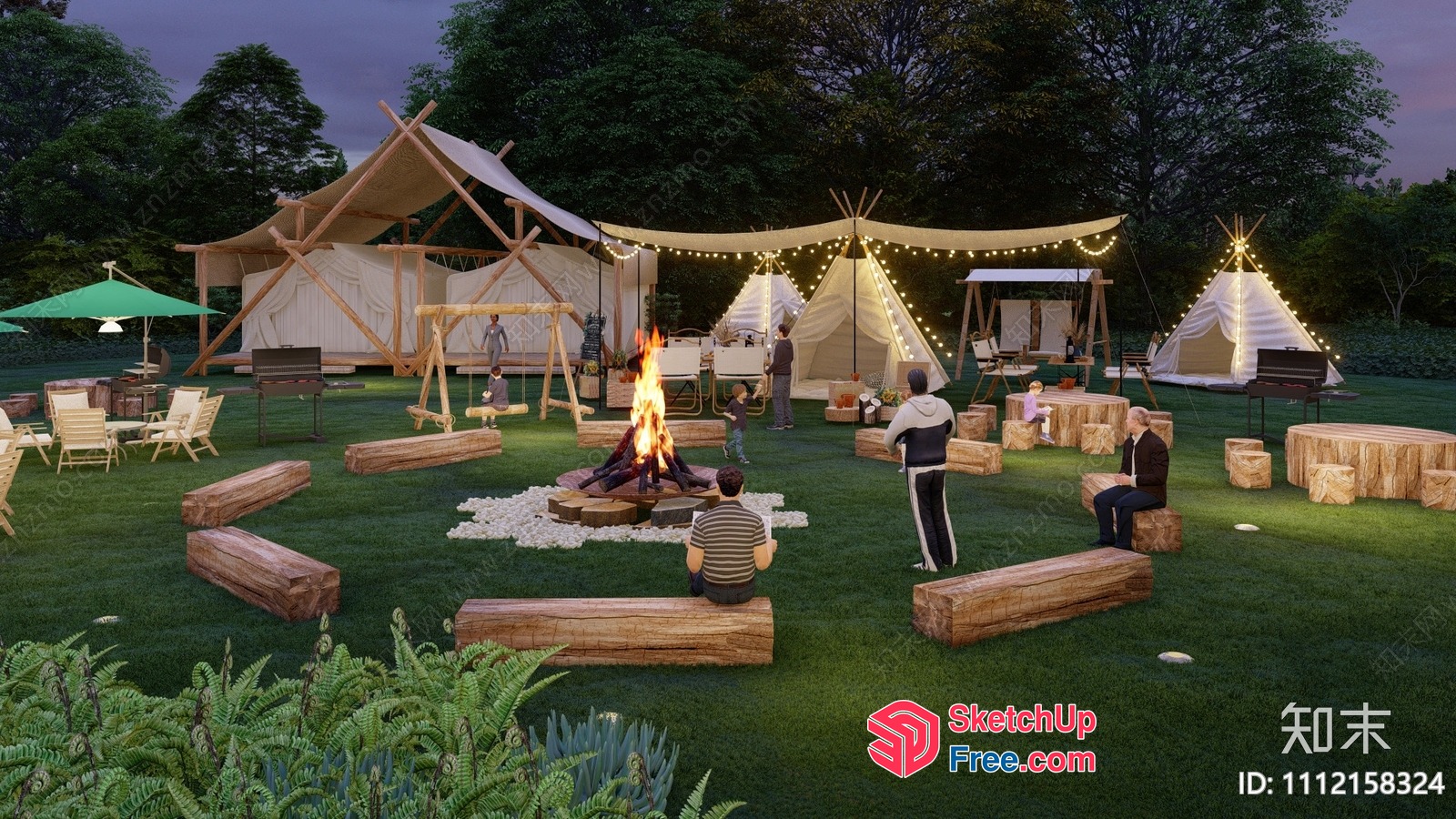 Glamping Site With Fire Pit And Outdoor Seating 3D SketchUp File