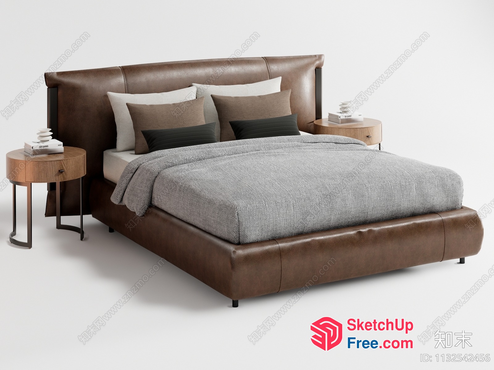 Elegant Leather Bed With Matching Bedside Tables 3D SketchUp File