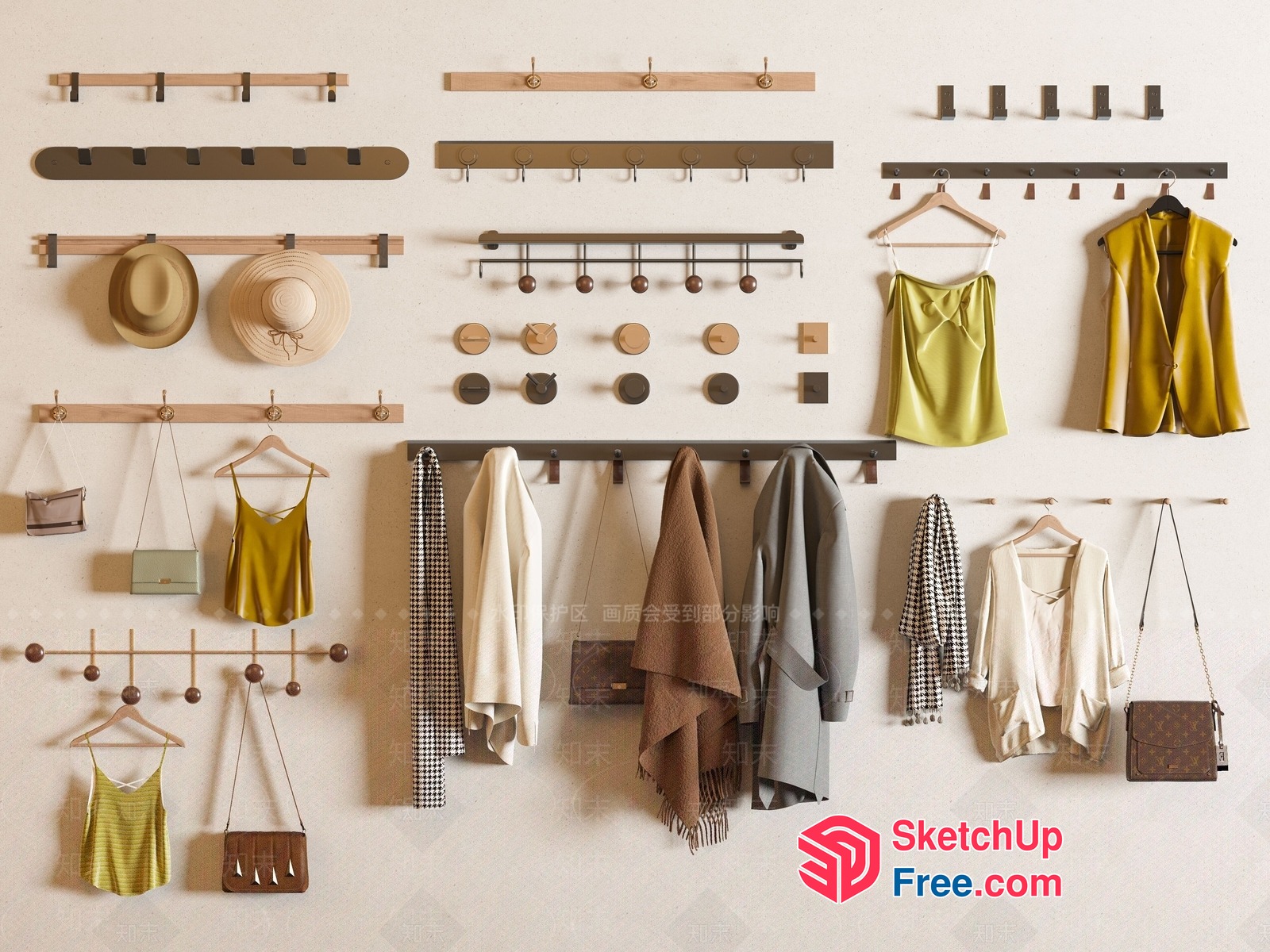 Coat Racks And Hooks With Hanging Clothes And Accessories 3D SketchUp File