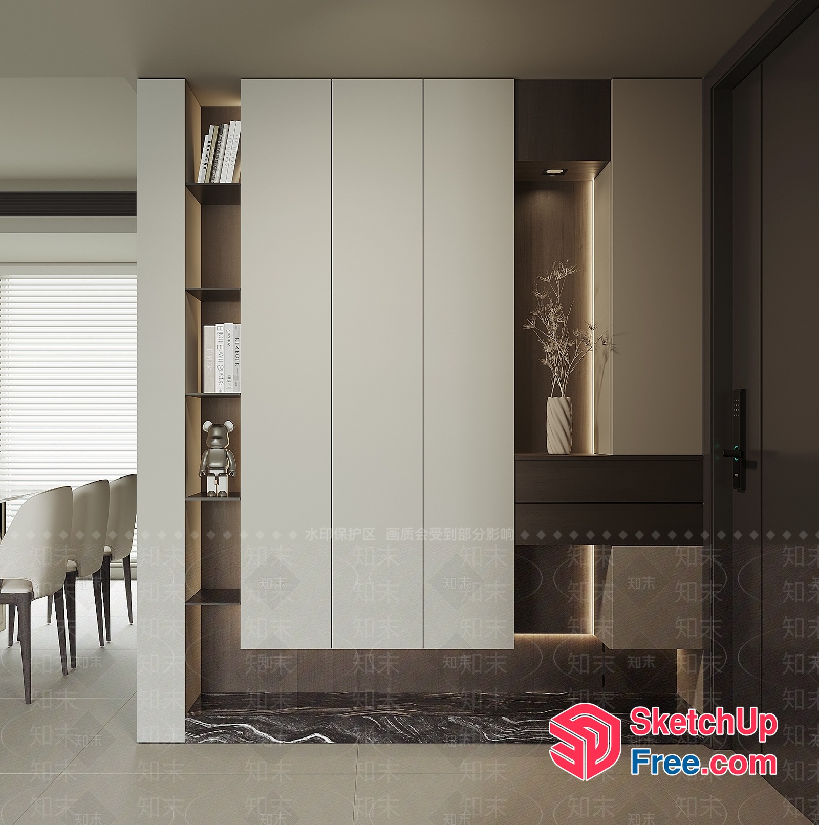Modern Minimalist Wardrobe With Built-In Bookshelf And Shelf 3D SketchUp File