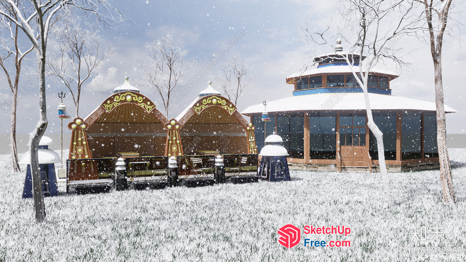 Snowy Winter Wonderland Scene With Traditional Japanese Architecture 3D SketchUp File