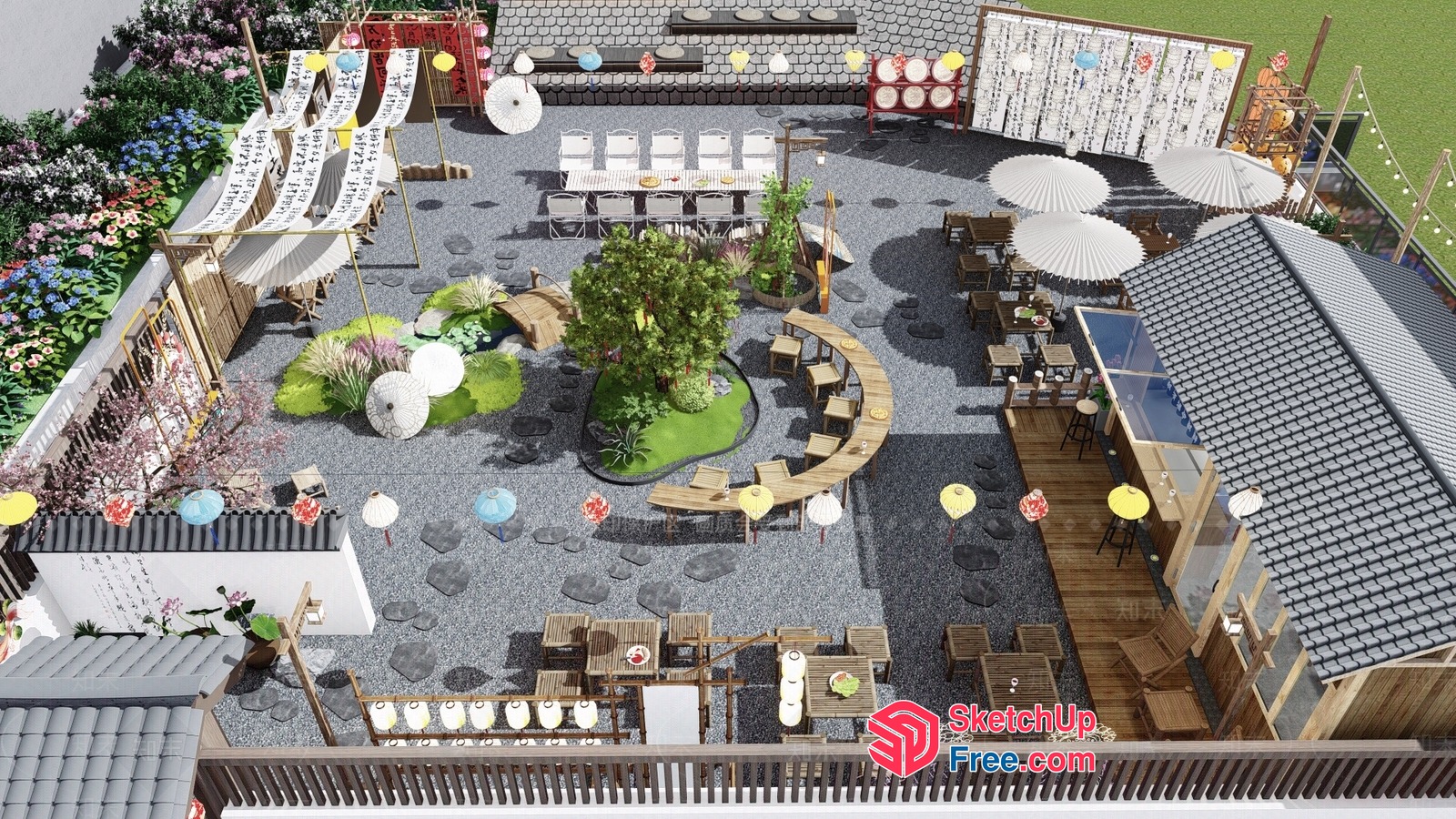 Japanese-Inspired Outdoor Dining And Relaxation Space 3D SketchUp File