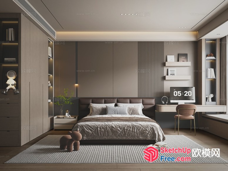 Modern Minimalist Bedroom With Brown And White Decor 3D SketchUp File