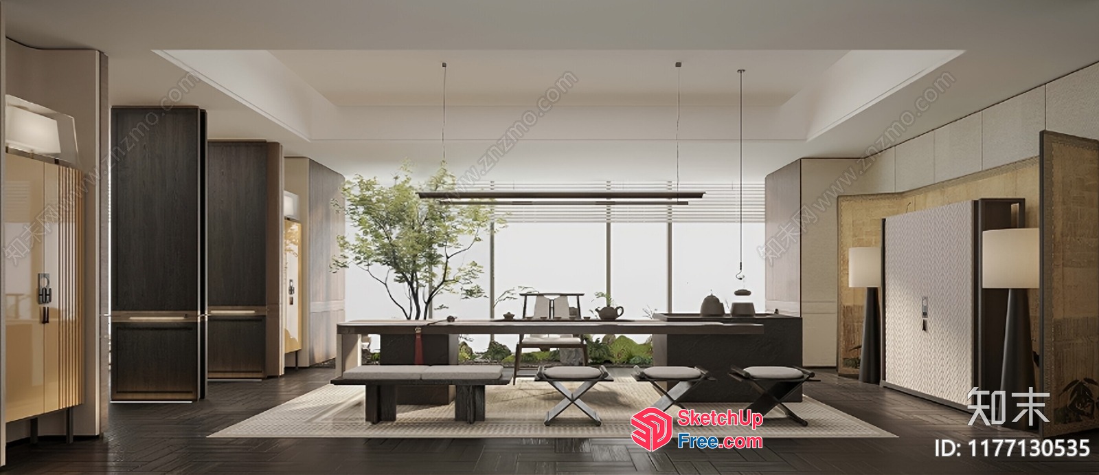 Modern Japanese-Inspired Living Room With Minimalist Furniture And Natural Light 3D SketchUp File