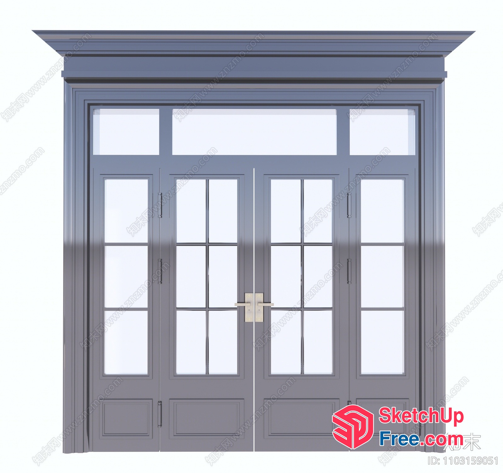 Grey Double Doors With Glass Panels And Decorative Moulding 3D SketchUp File