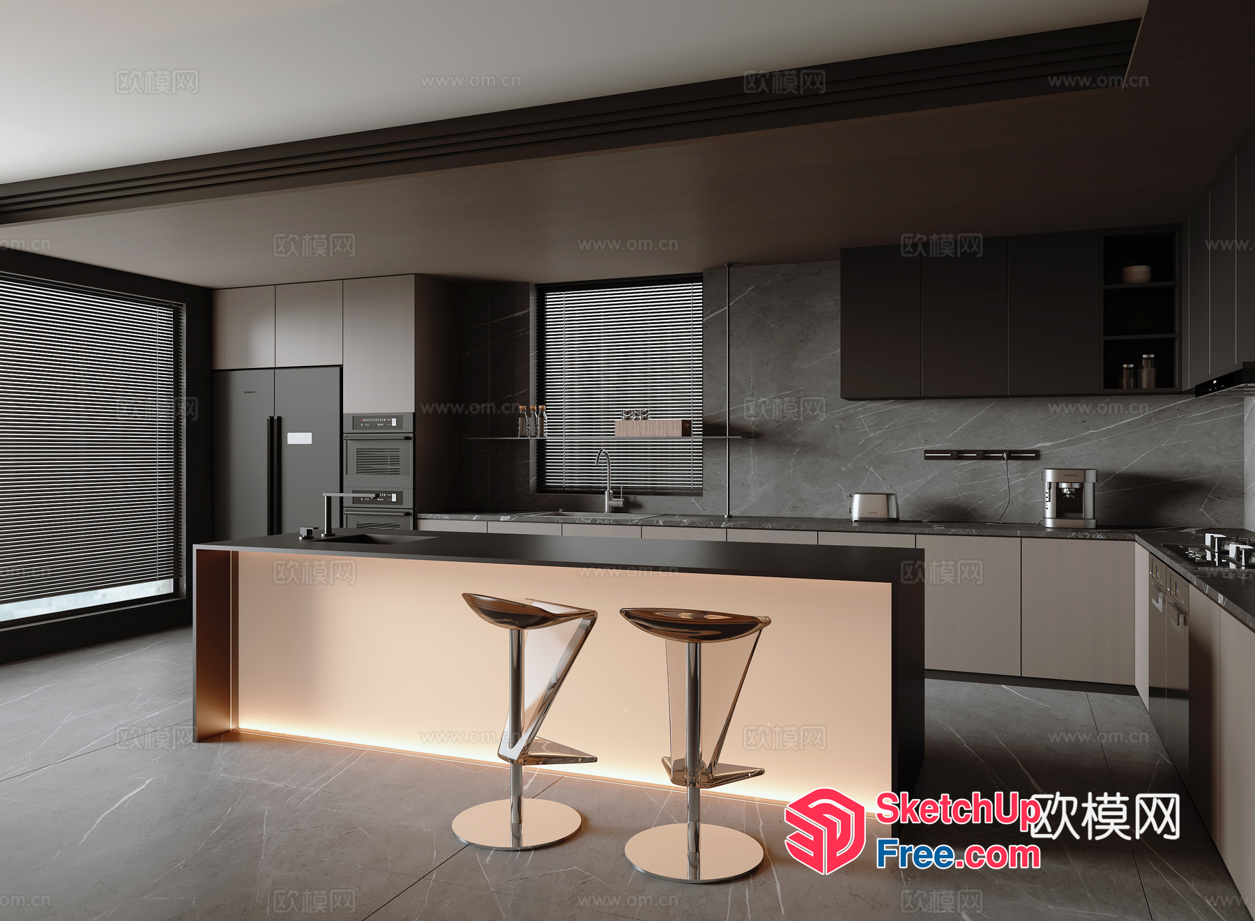 Modern Kitchen With Sleek Bar Stools 3D SketchUp File