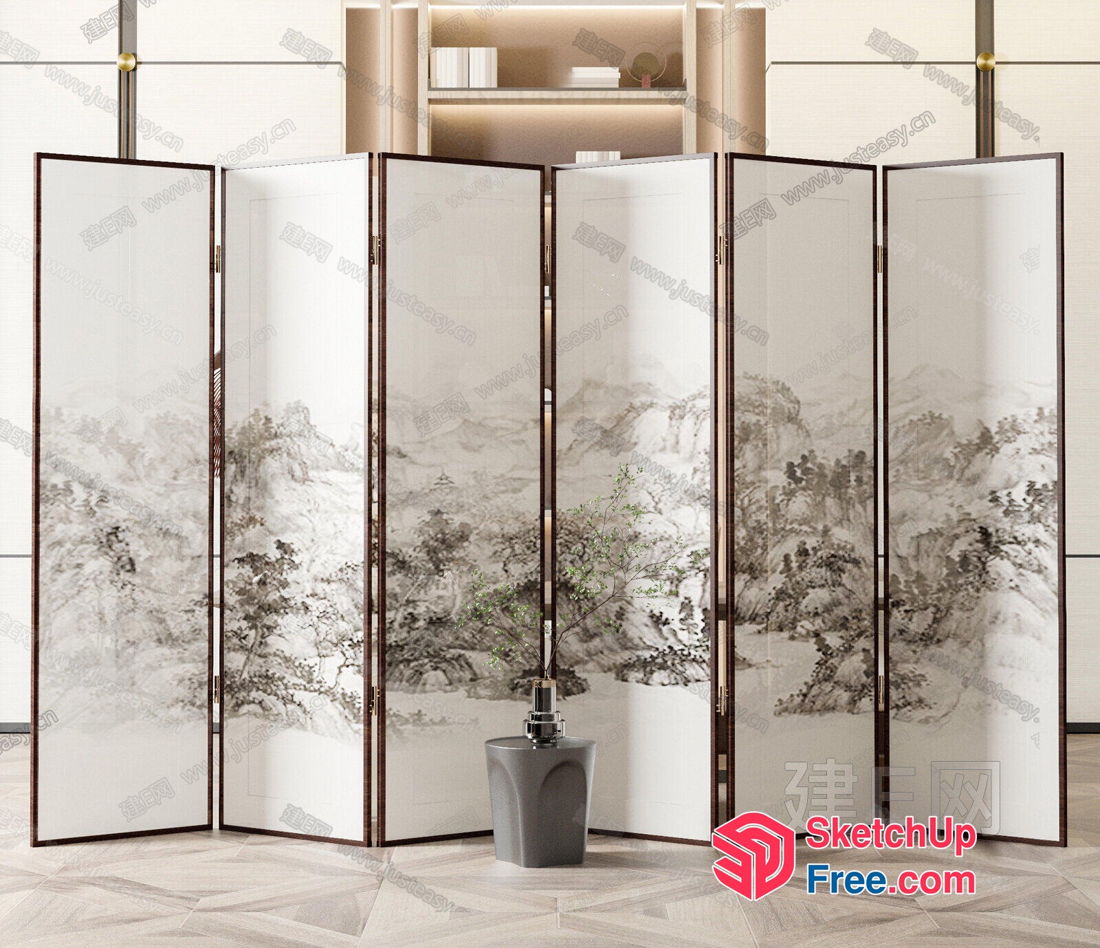 Elegant Partition Screen With Japanese-Inspired Landscape 3D SketchUp File
