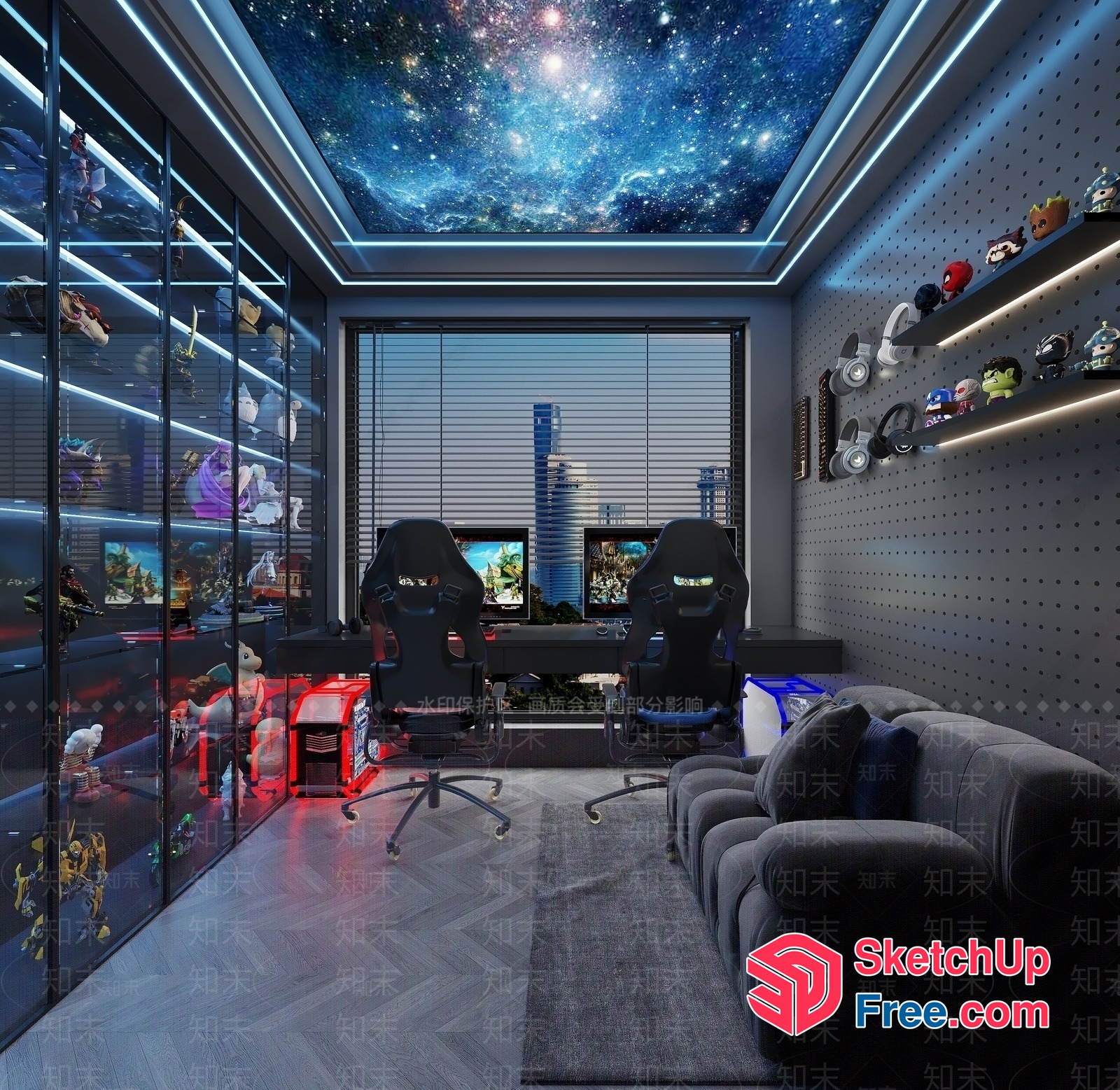 Futuristic Gaming Room With Galaxy Ceiling 3D SketchUp File
