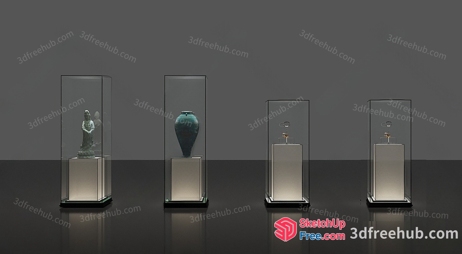 Antique Vases And Statues Displayed In Glass Cases 3D SketchUp File