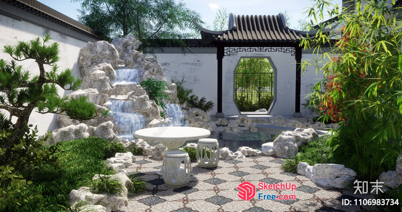 Serene Japanese-Style Garden With Waterfall 3D SketchUp File