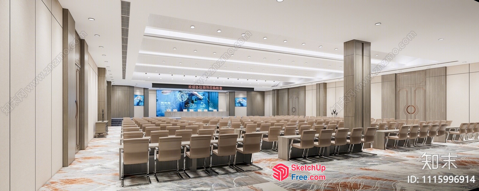 Modern Conference Room With Elegant Pillars And Large Screen 3D SketchUp File