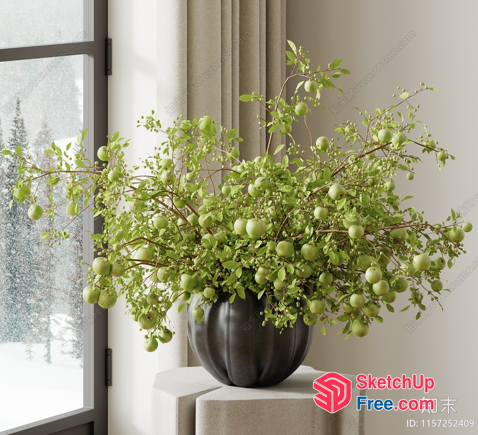 Green Apple Branches In A Gray Vase 3D SketchUp File