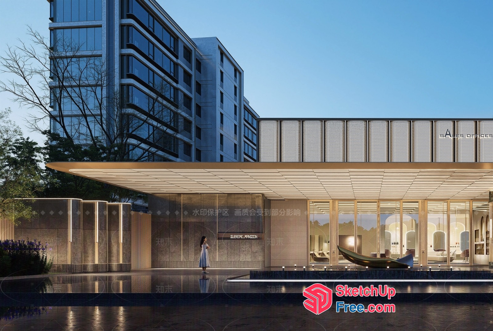 Modern Commercial Building With Glass Curtain Wall And Elegant Entrance 3D SketchUp File