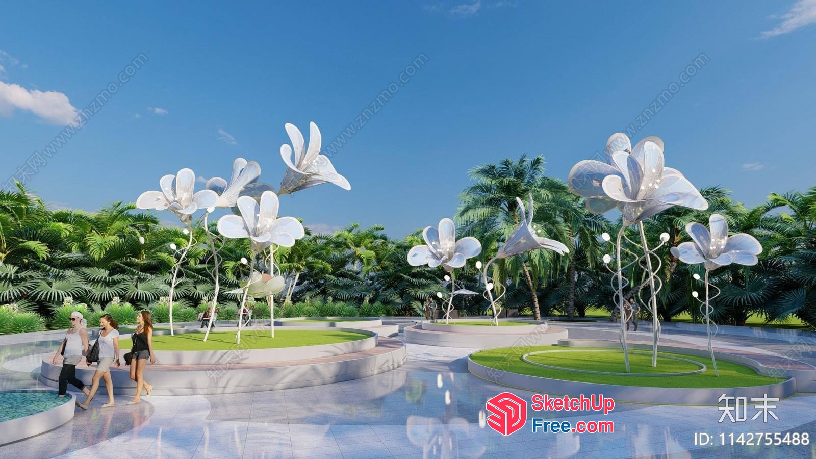 Modern Outdoor Decor With White Flower Sculptures And Palm Trees 3D SketchUp File