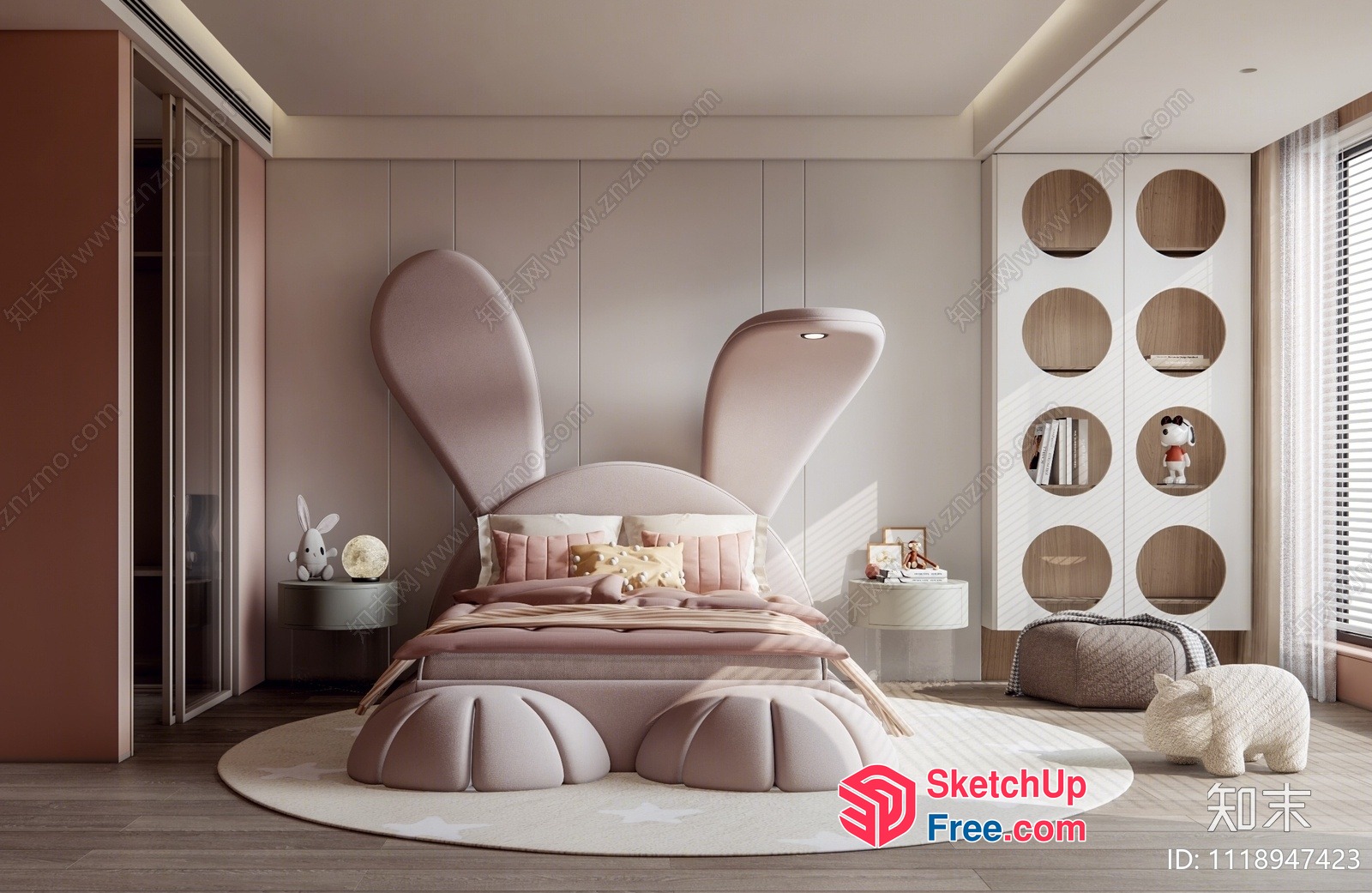 Modern Pink Bedroom With Unique Bed And Accessories 3D SketchUp File