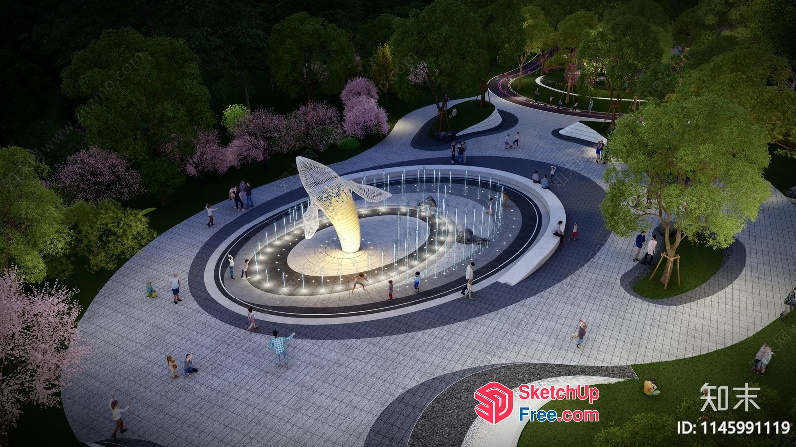 Modern Spiral Design With Illuminated Center And Surrounding Pedestrians 3D SketchUp File