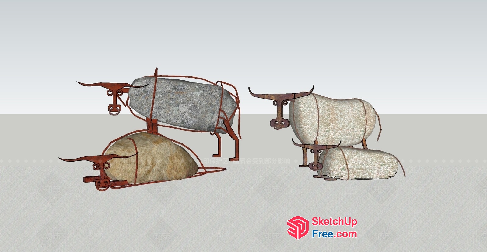 Rustic Metal And Stone Sculptures Of Cows 3D SketchUp File