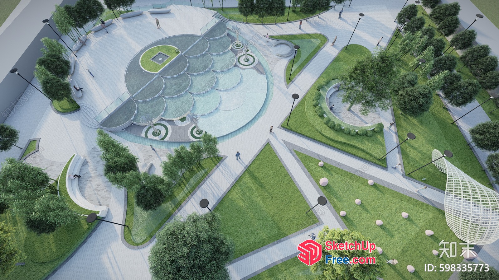 Modern Outdoor Park With Water Features And Greenery 3D SketchUp File
