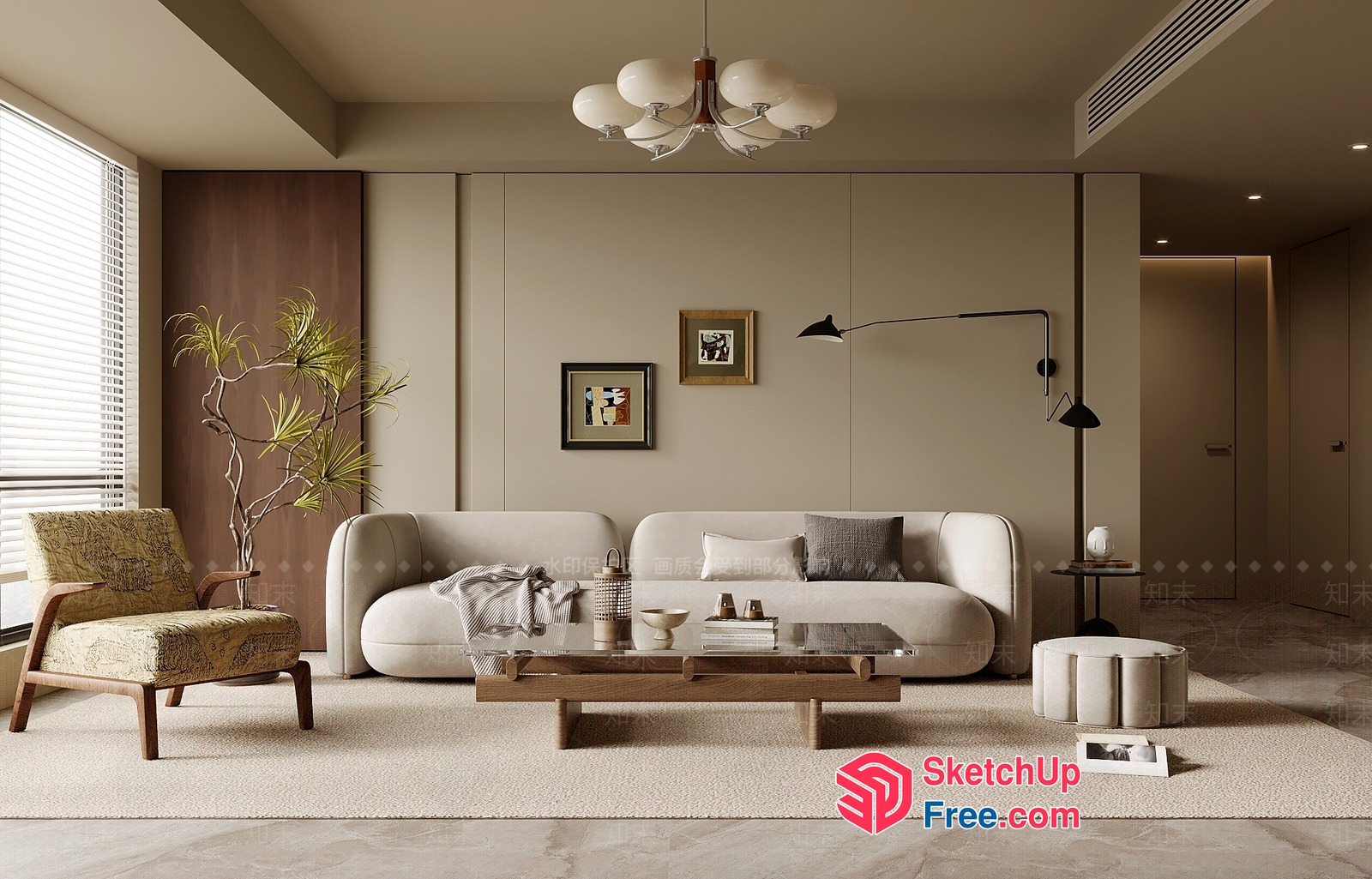 Modern Living Room With Creamy Style And Minimalist Decor 3D SketchUp File