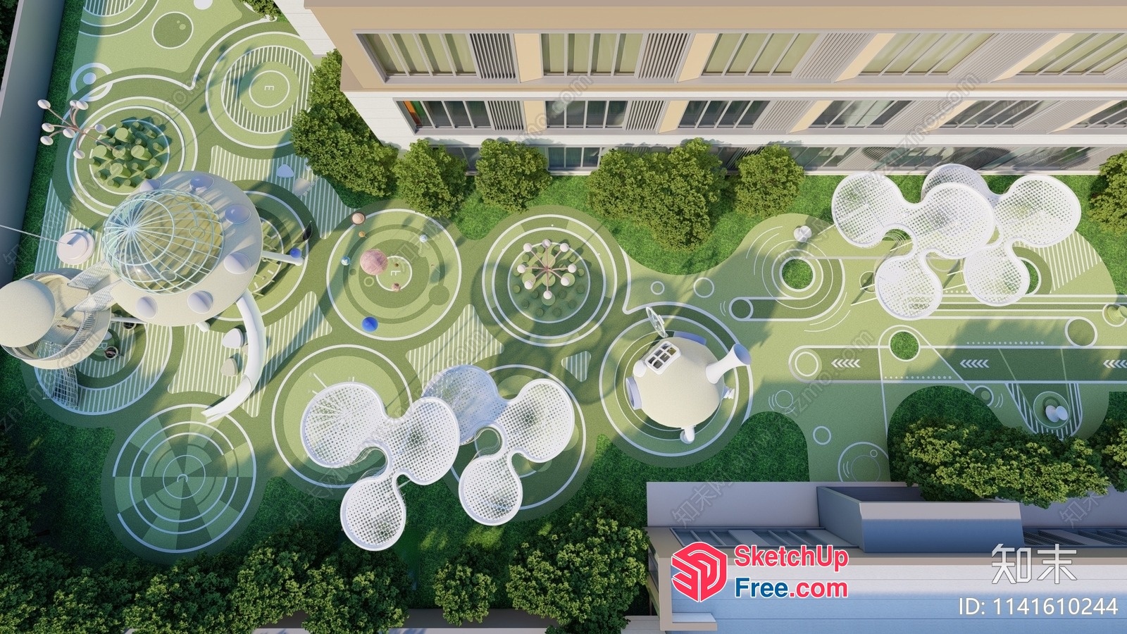 Futuristic Green Park With Unique Structures 3D SketchUp File
