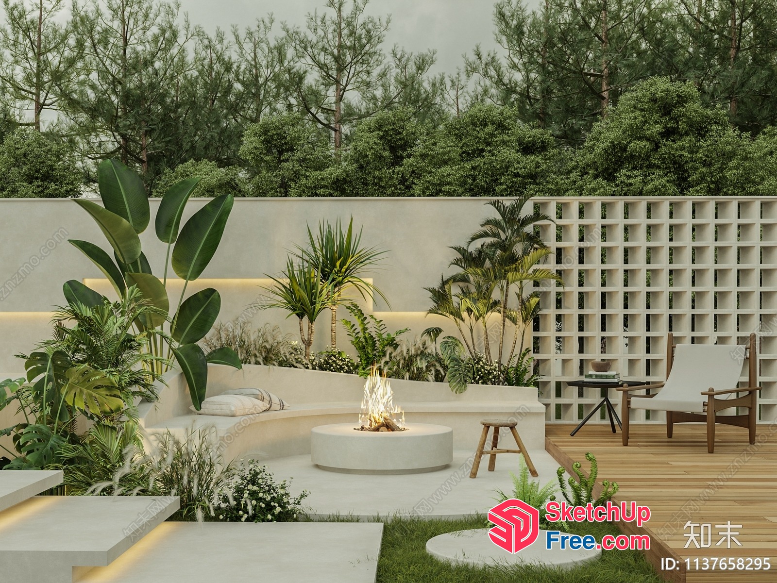 Modern Outdoor Living Space With Fire Pit And Plants 3D SketchUp File