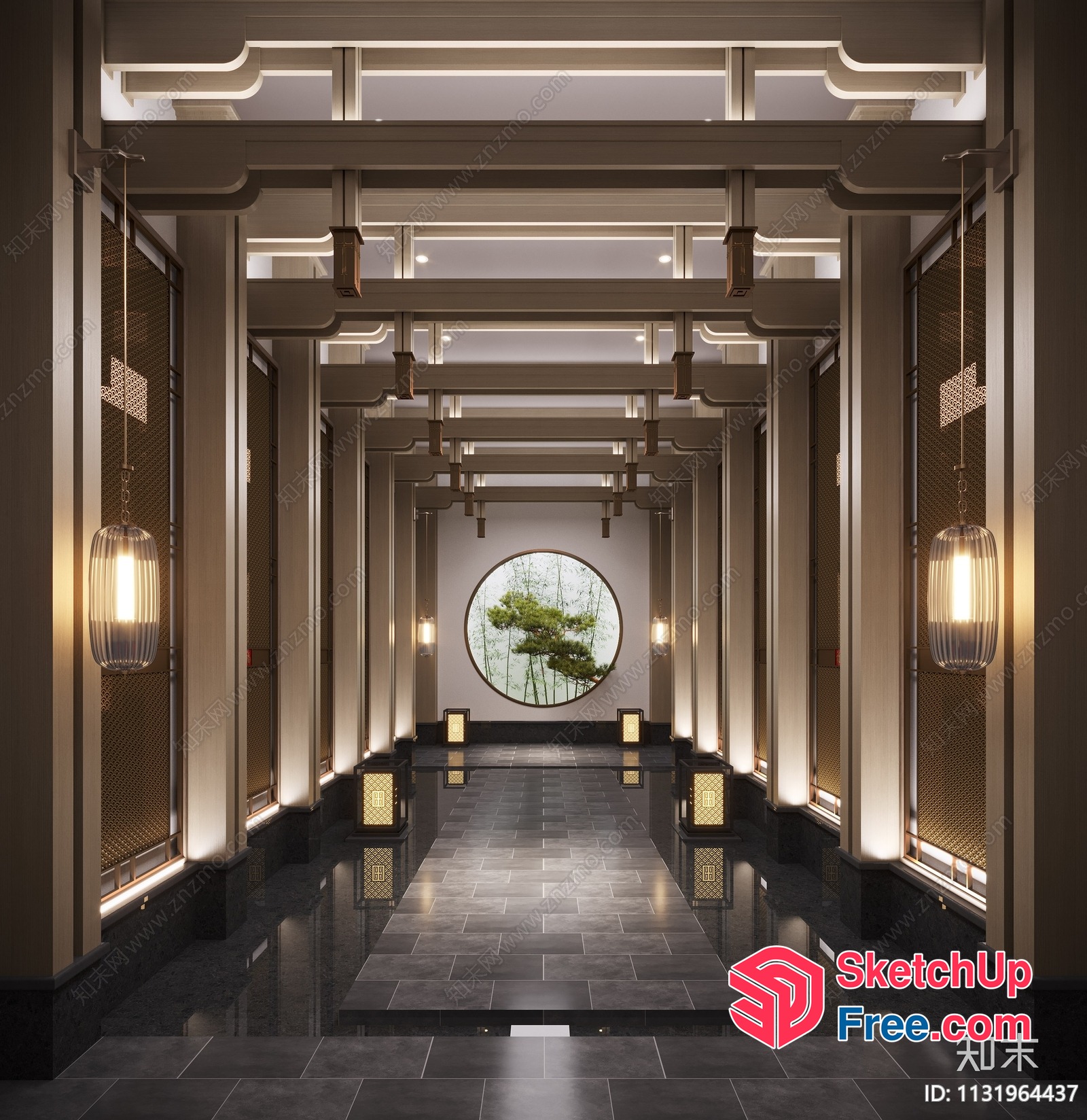 Elegant Asian-Style Hallway With Large Circular Window 3D SketchUp File