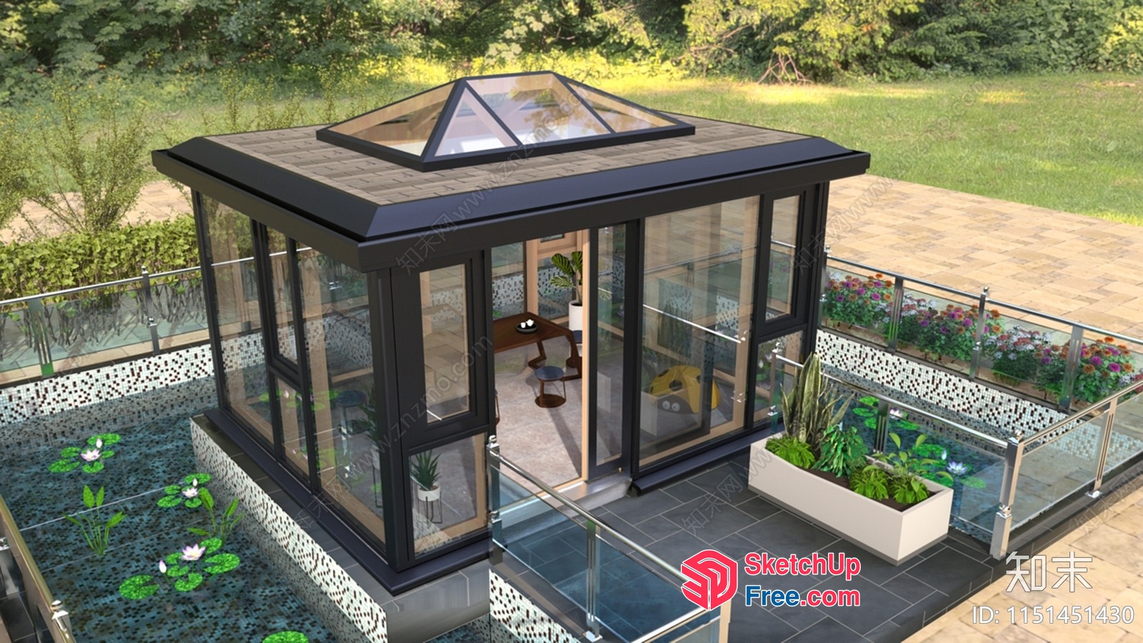 Elegant Glass Pavilion With Pond And Railing 3D SketchUp File