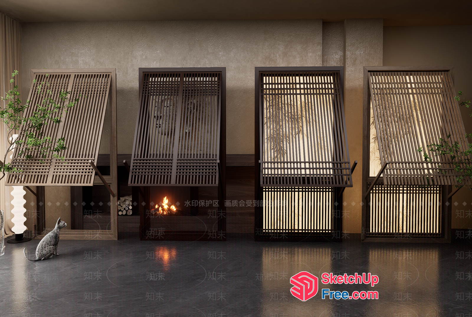 Four Fireplaces With Unique Decorations And Railing 3D SketchUp File