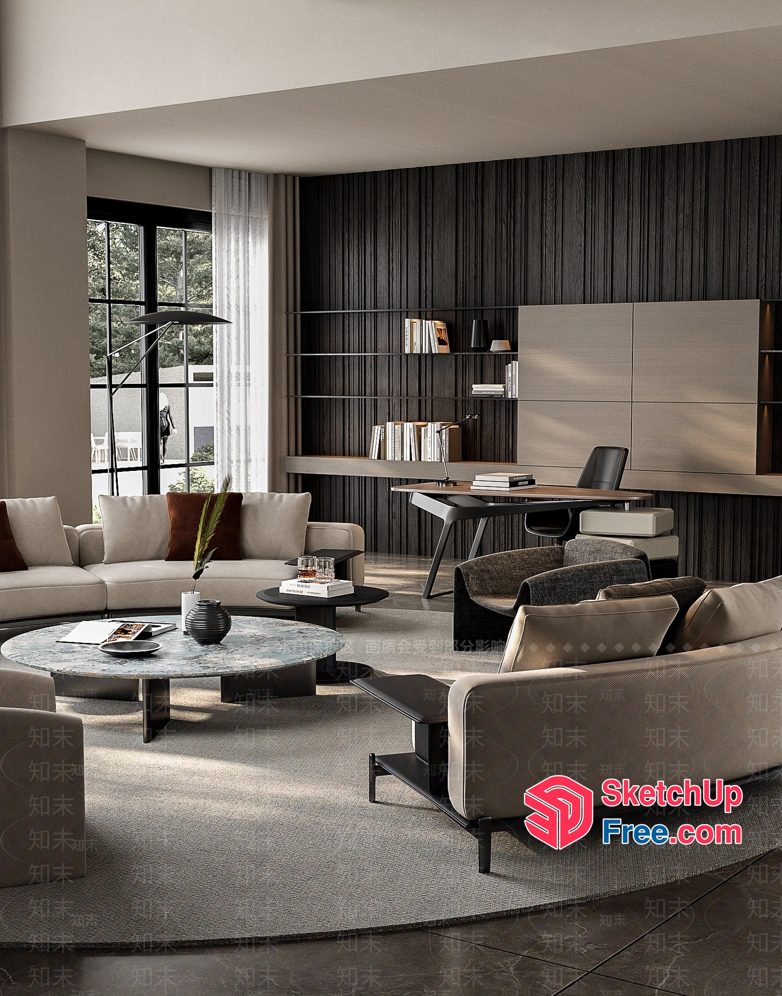 Modern Living Room With Curved Sofa And Desk 3D SketchUp File