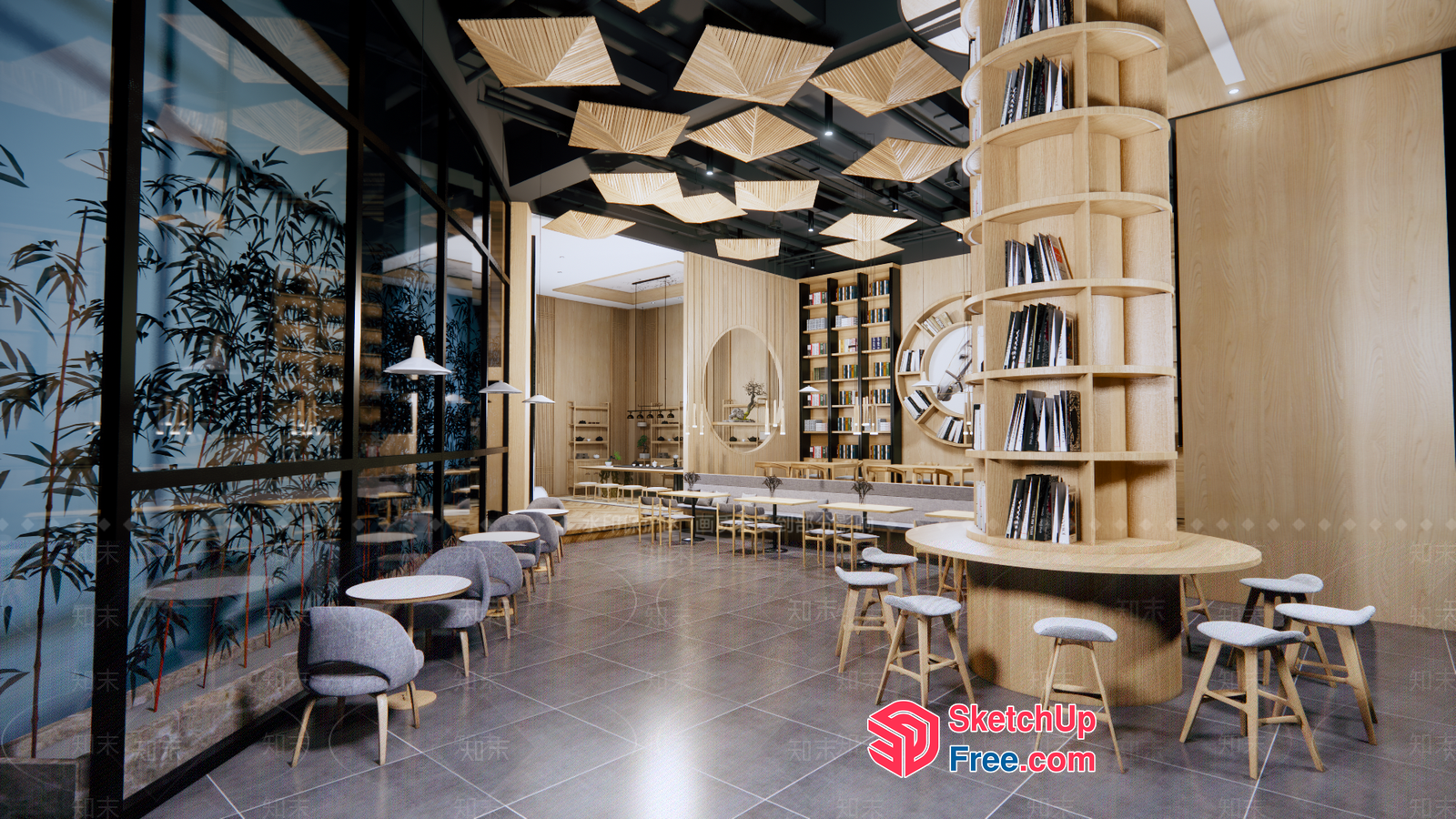 Modern Library Interior With Natural Wood Accents And Bookshelves 3D SketchUp File