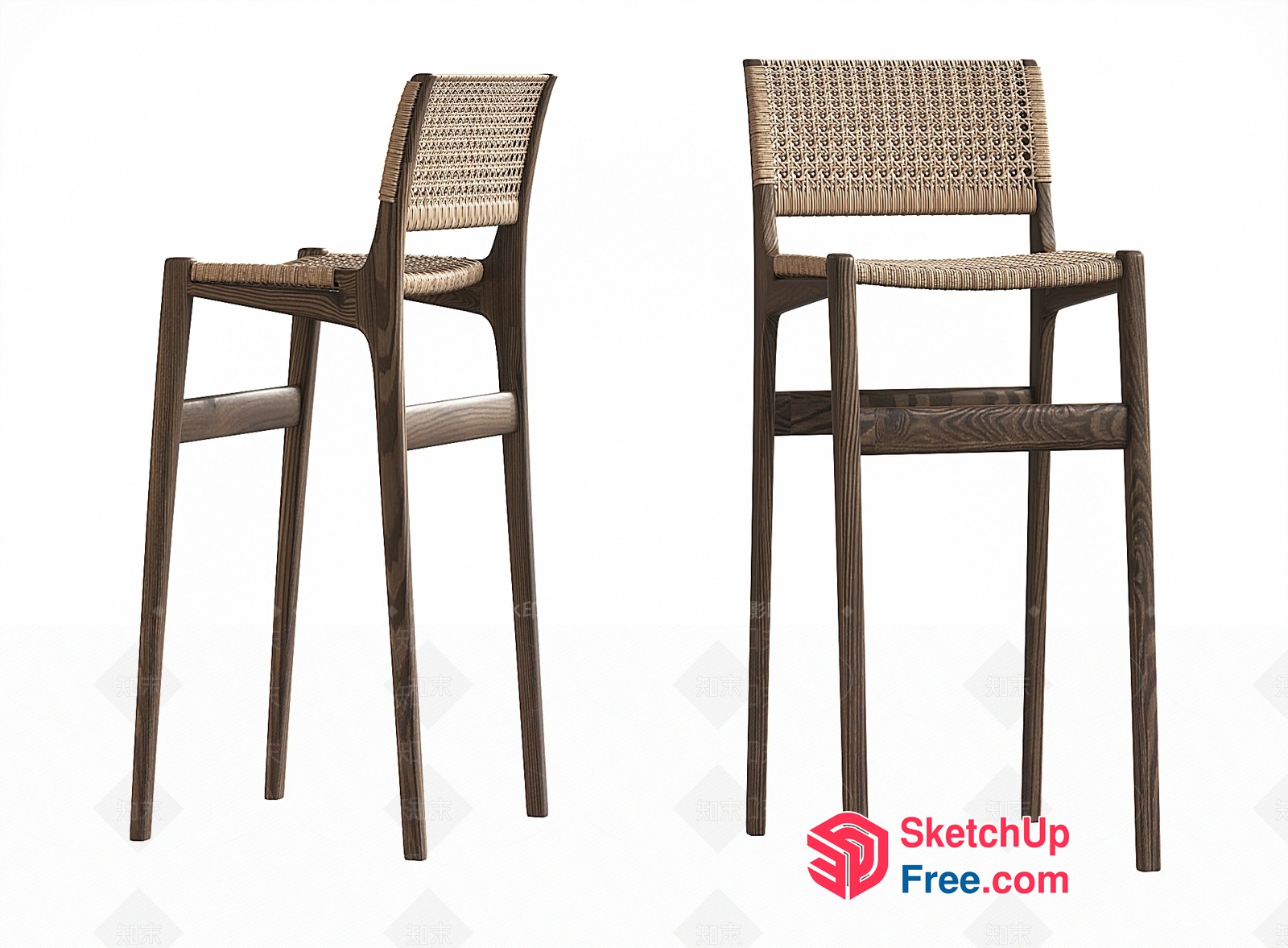 Wooden Bar Chairs With Woven Rattan Backrests 3D SketchUp File