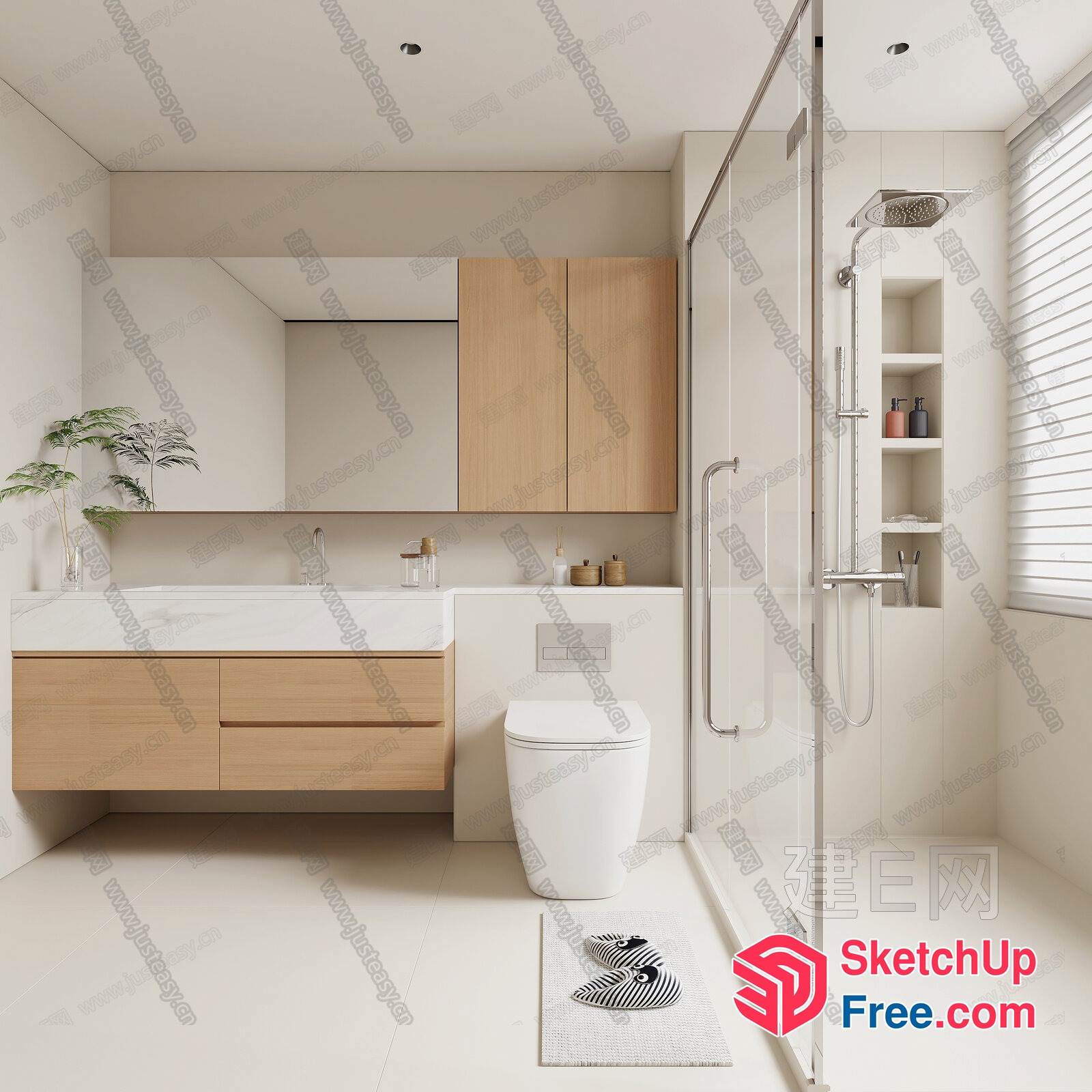 Modern Bathroom Interior With White And Wood Accents 3D SketchUp File
