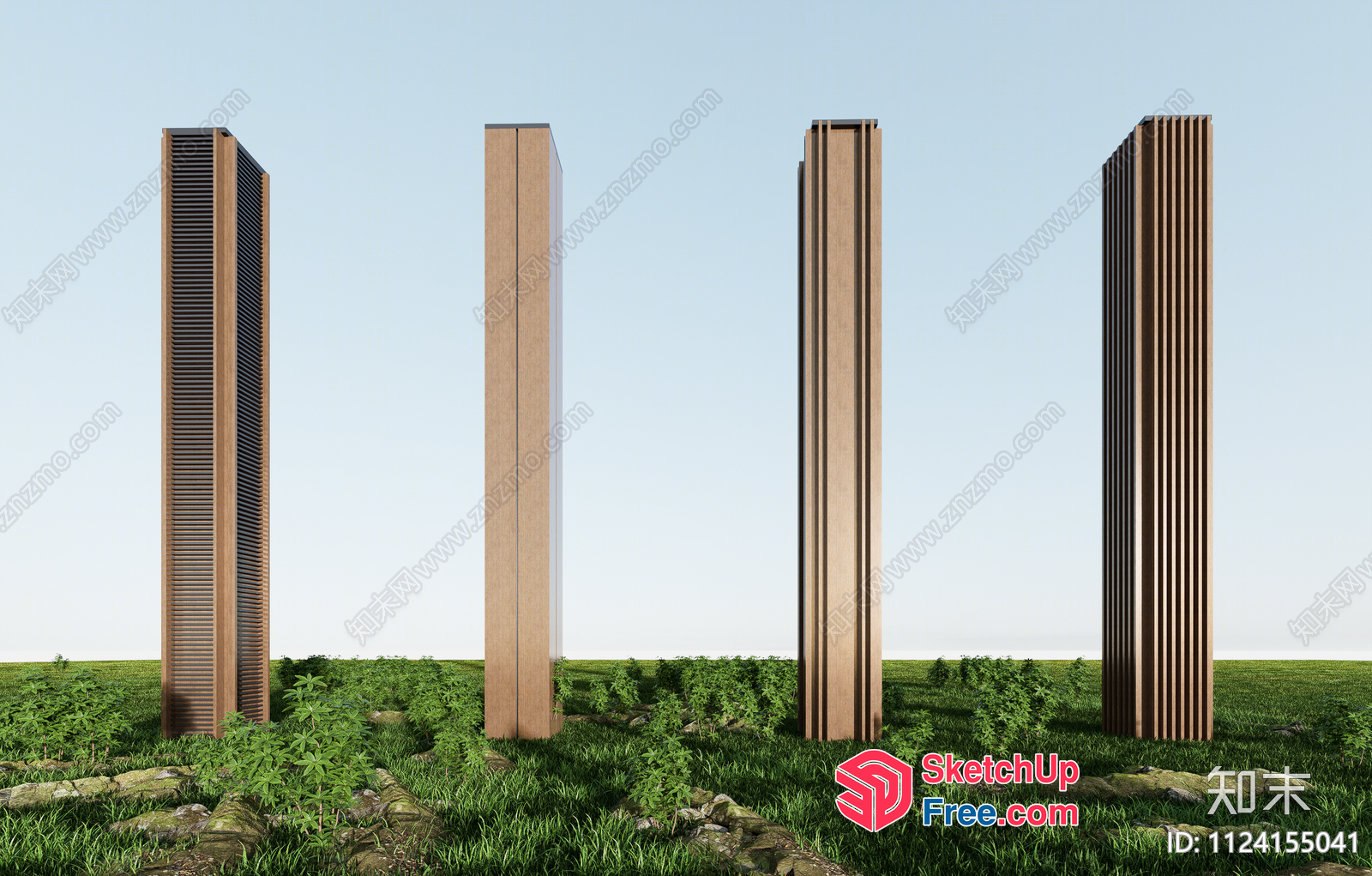 Four Tall Pillars In A Field Of Green Grass 3D SketchUp File
