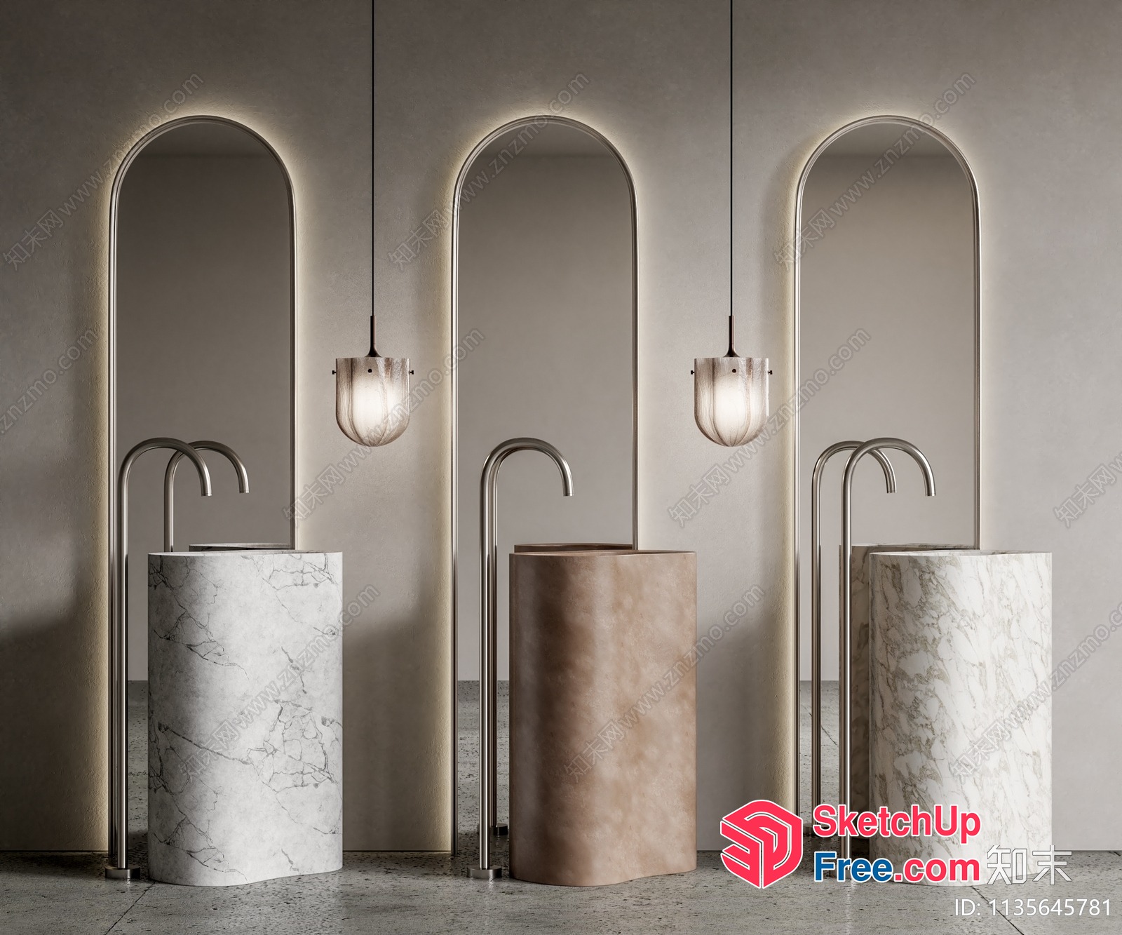 Modern Pillar Sink With Marble Base And Arched Mirror 3D SketchUp File