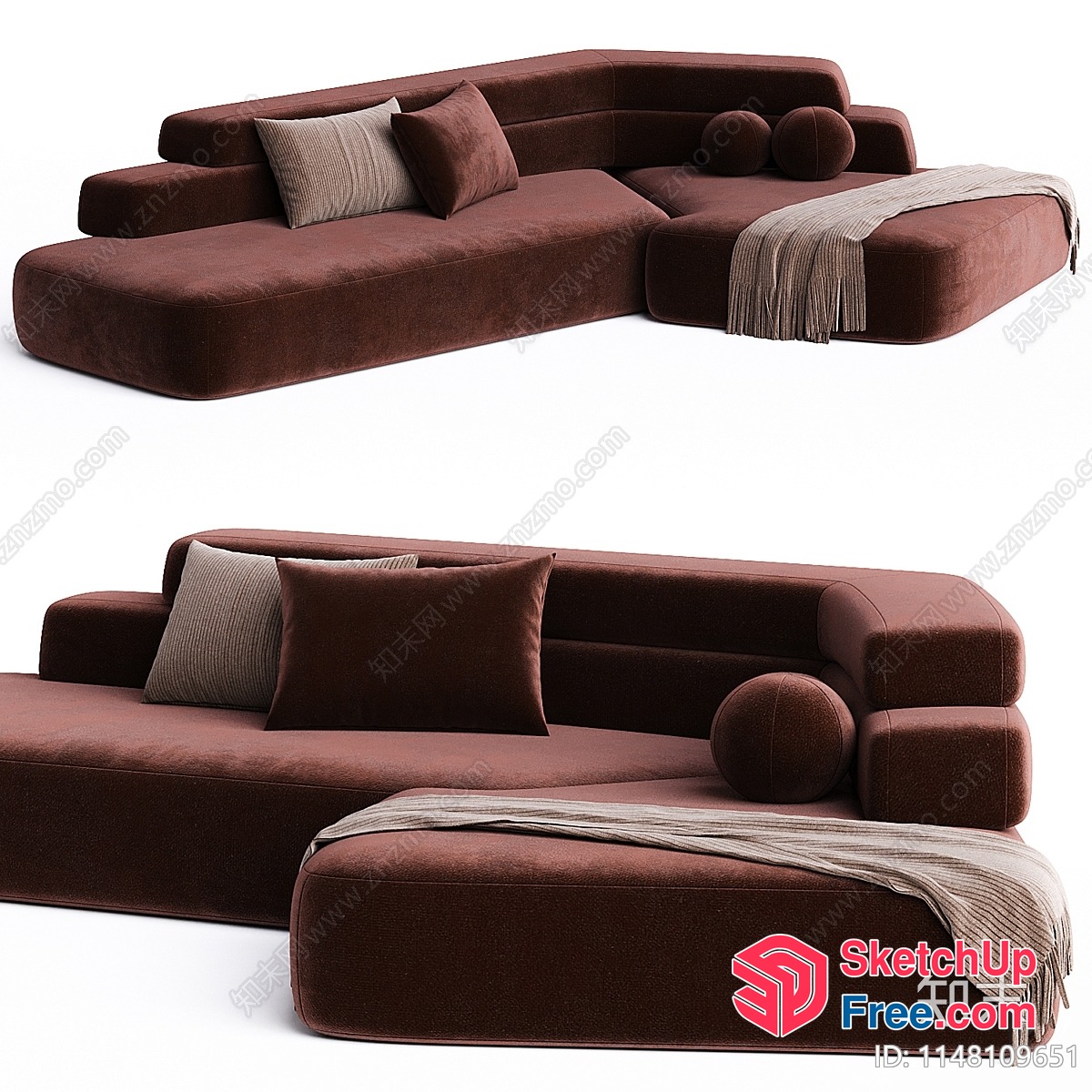 Modern Brown L-Shaped Sofa With Pillows 3D SketchUp File