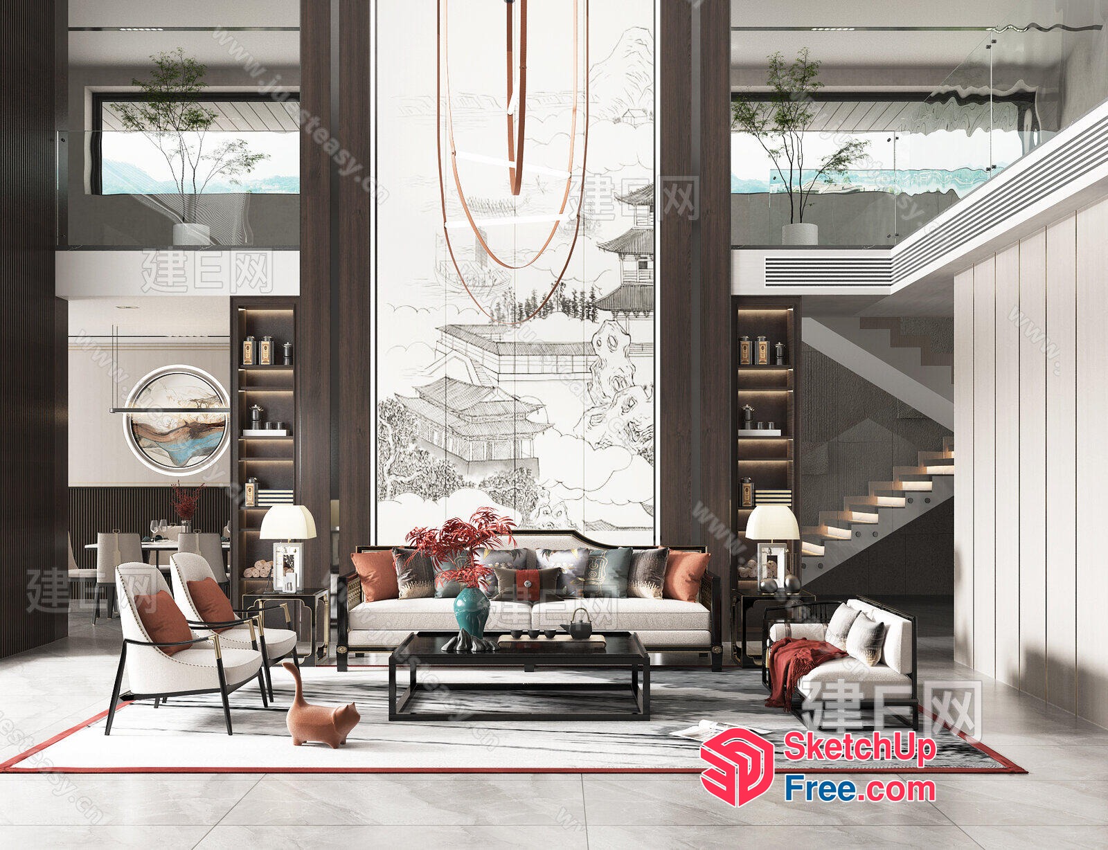Modern Asian-Inspired Living Room With High Ceilings 3D SketchUp File