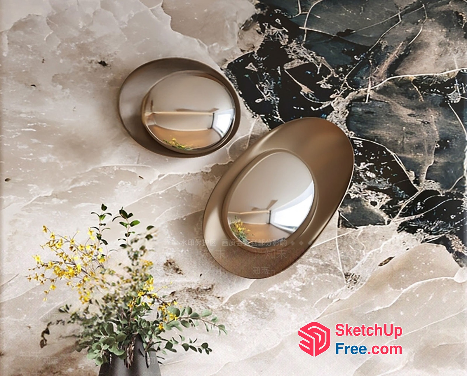 Elegant Marble Interior With Decorative Mirrors And Plants 3D SketchUp File