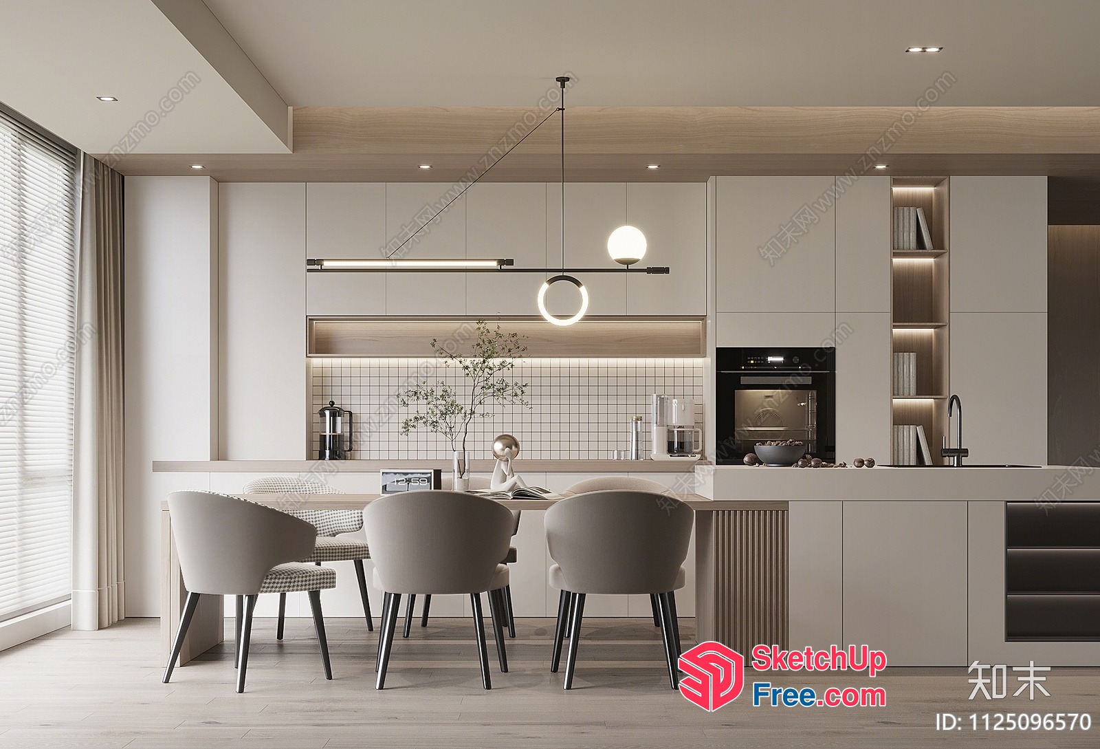 Modern Minimalist Dining Room With White Kitchen And Island 3D SketchUp File