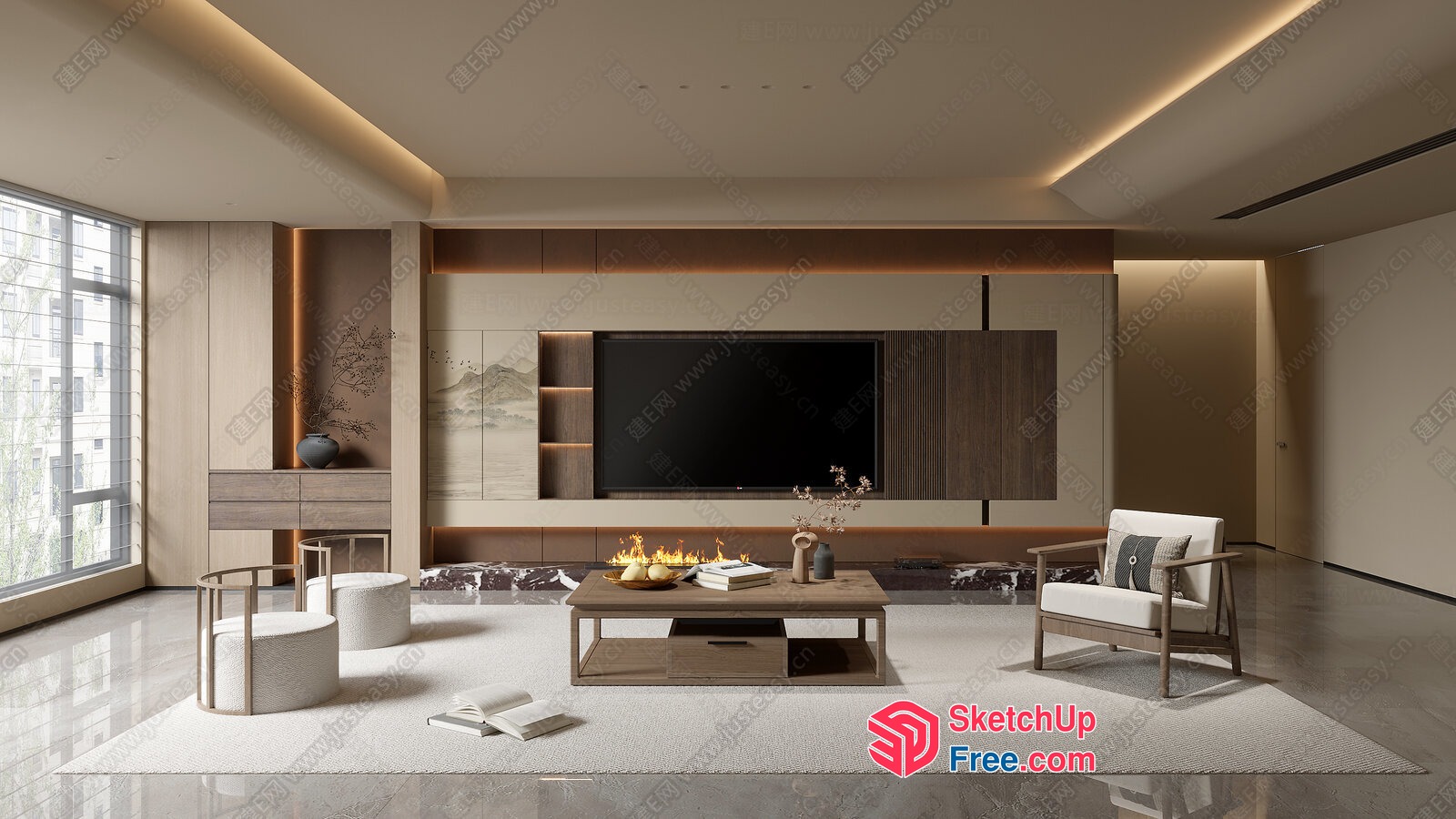 Modern Living Room With Tv And Fireplace 3D SketchUp File