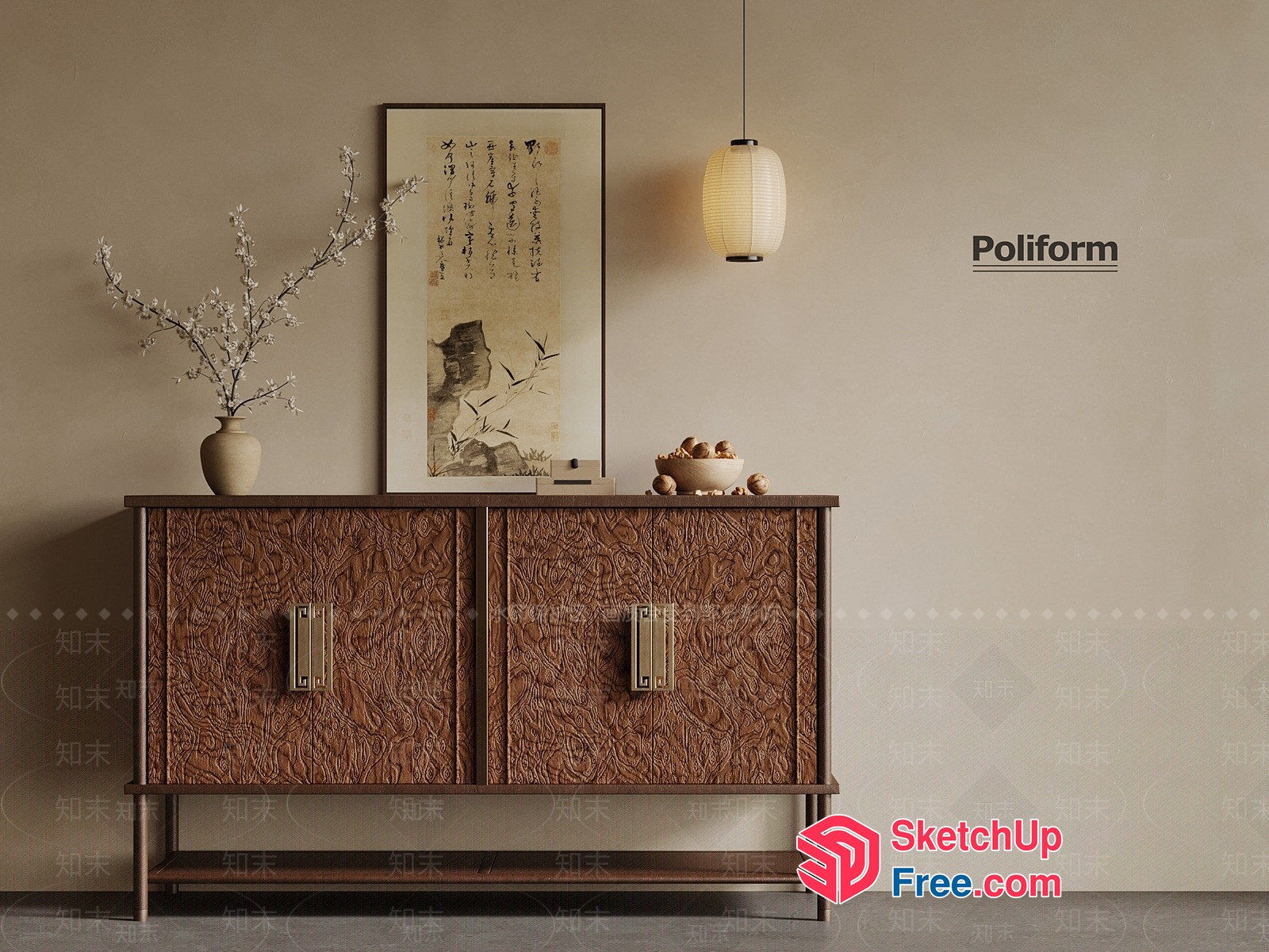 Japanese-Inspired Wood Sideboard With Ornate Carvings 3D SketchUp File