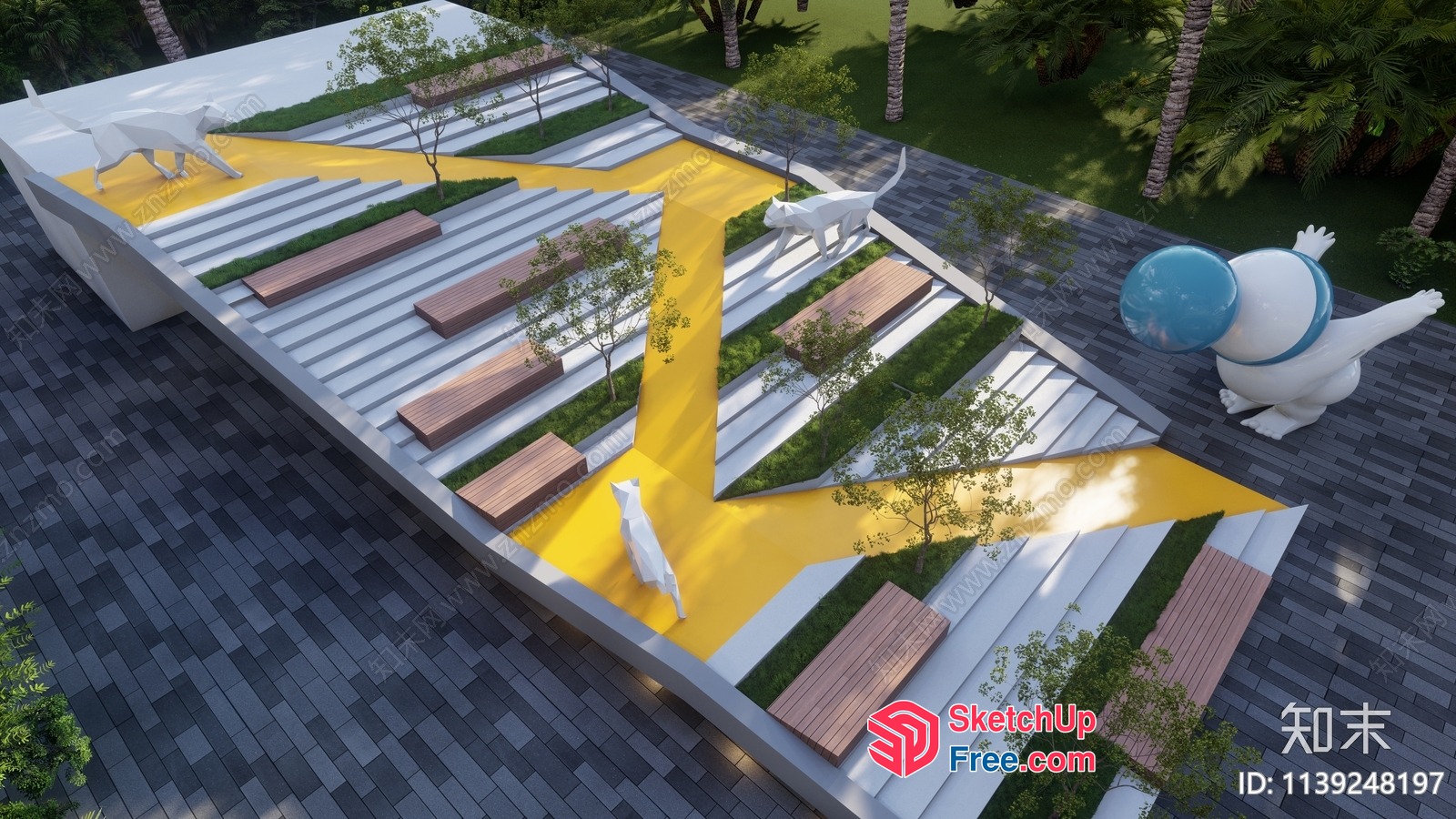 Modern Rooftop Garden With Unique Sculptures And Lush Greenery 3D SketchUp File
