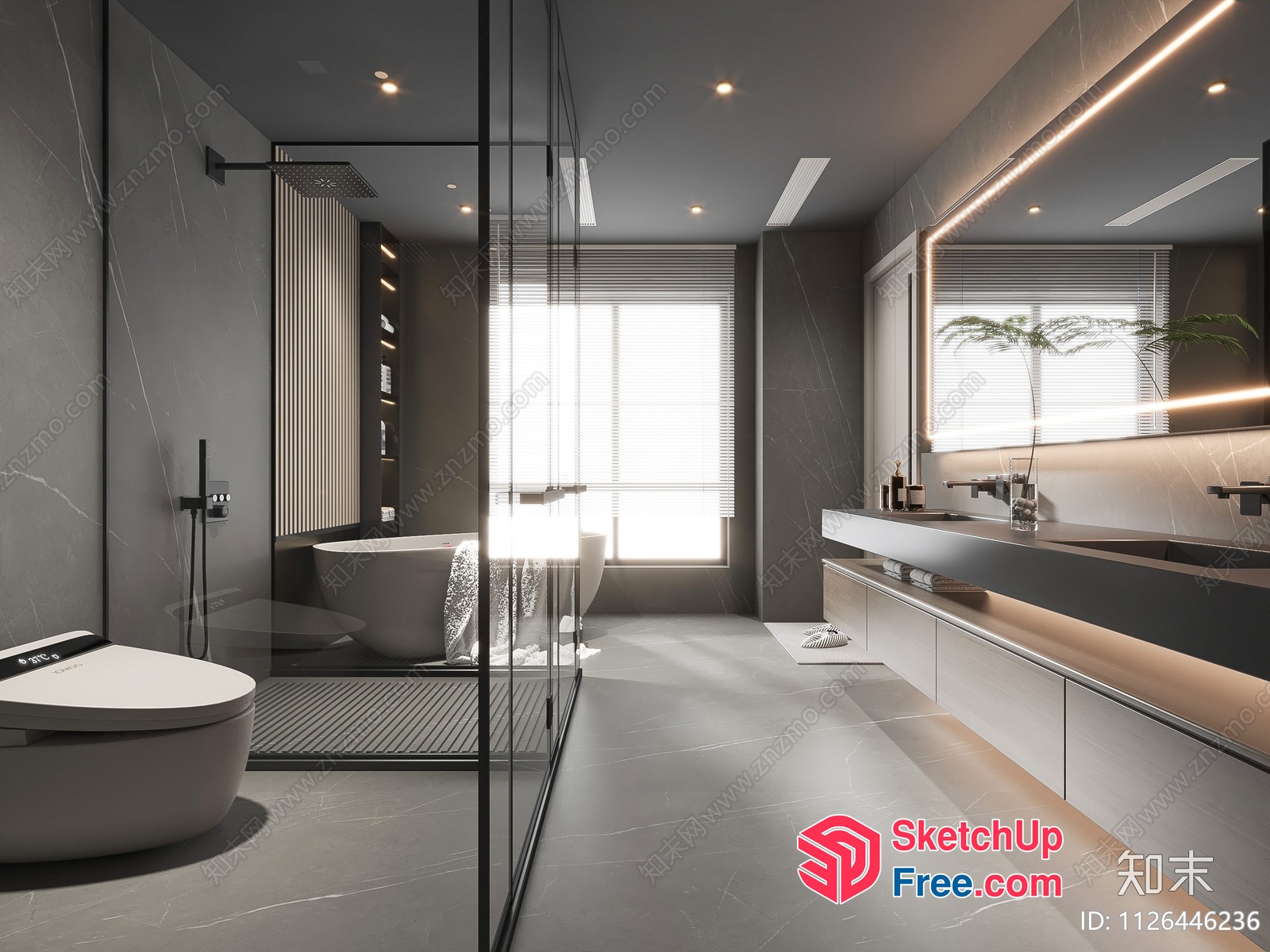 Modern Bathroom Interior With Large Mirror And Bathtub 3D SketchUp File