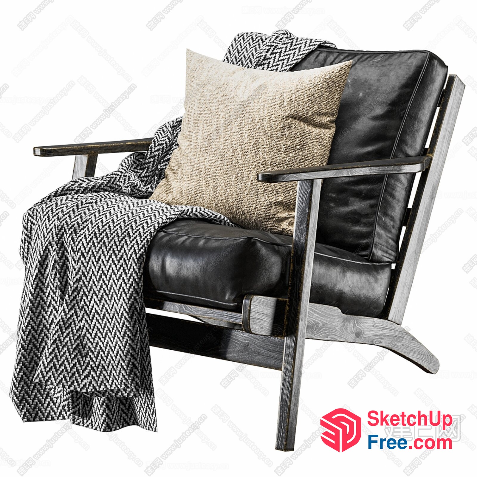 Stylish Black Leather Chair With Pillow And Throw Blanket 3D SketchUp File