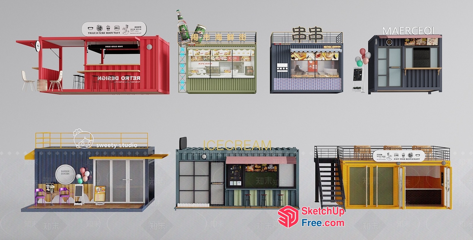 Miniature Food Truck And Shop Exterior Decorations 3D SketchUp File